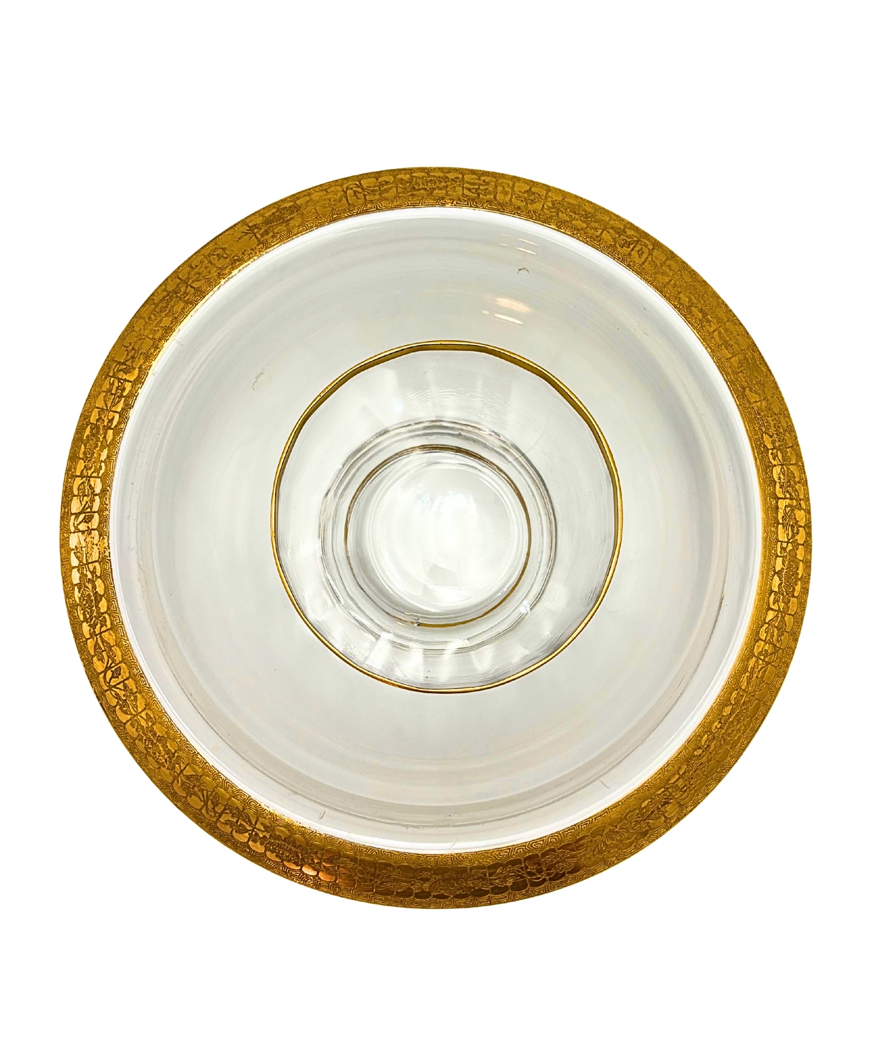 VINTAGE MID-CENTURY GOLD ENCRUSTED GLASS CHIP AND DIP BOWL SET