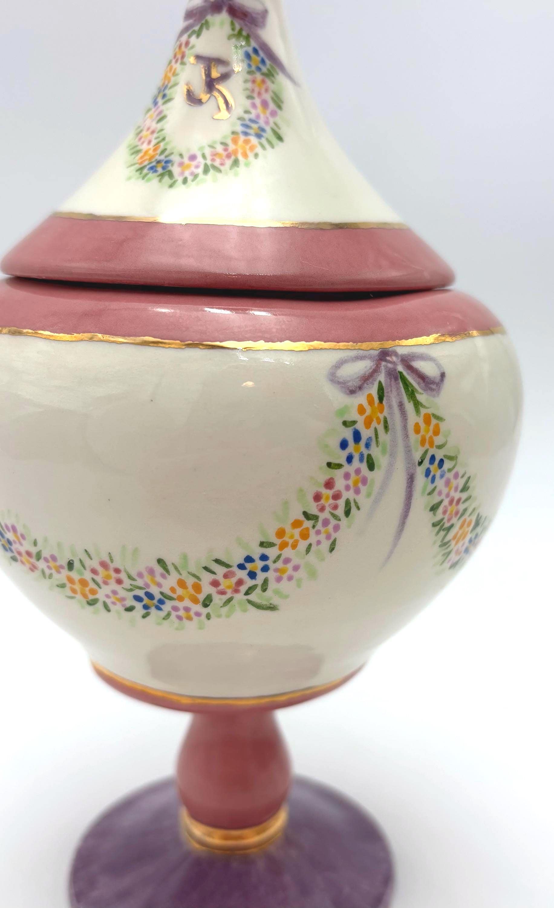 VINTAGE MONOGRAMMED PORCELAIN VANITY JAR | HAND PAINTED FLORAL WREATH GOLD INITIAL K PEDESTAL TRINKET BOX