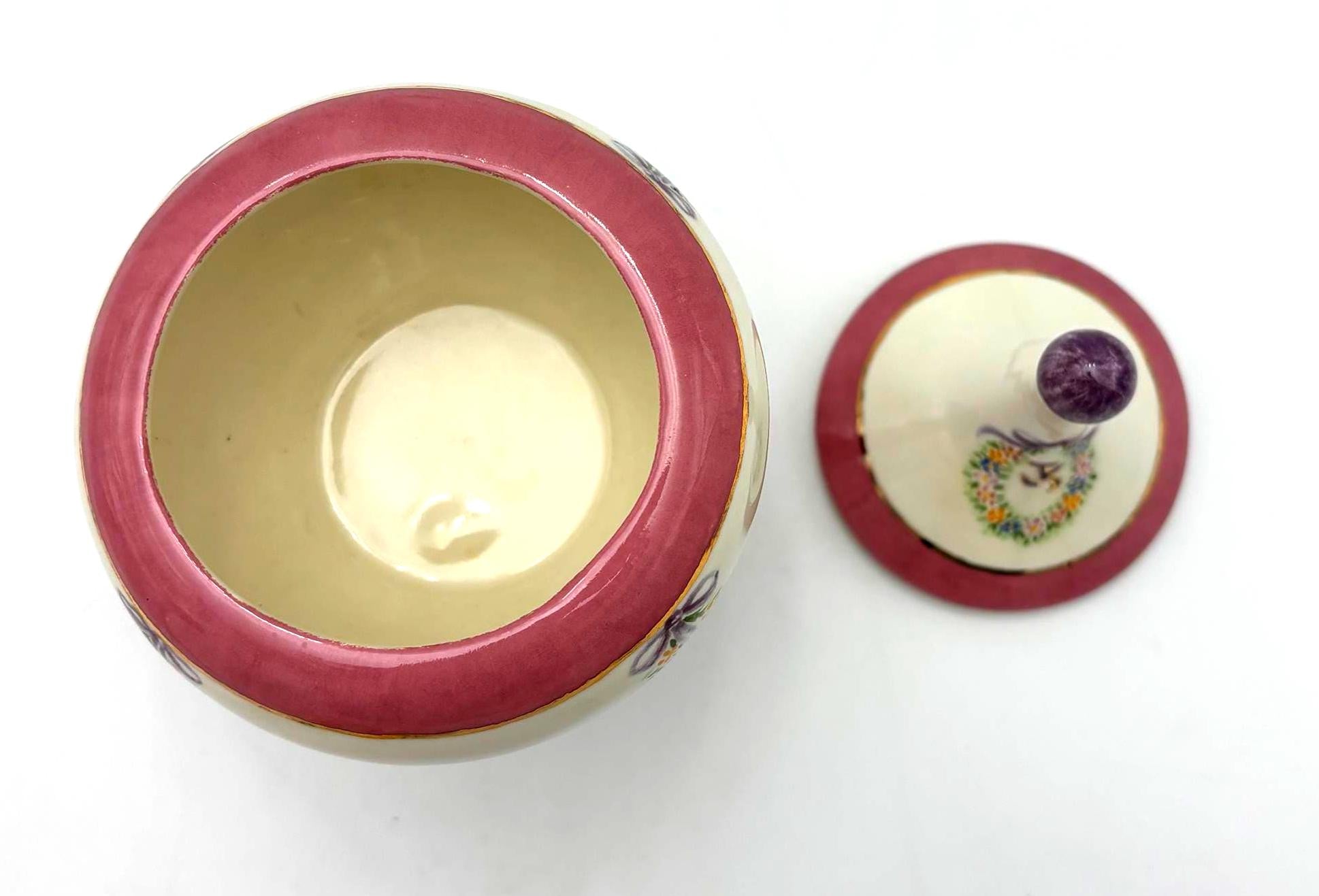 VINTAGE MONOGRAMMED PORCELAIN VANITY JAR | HAND PAINTED FLORAL WREATH GOLD INITIAL K PEDESTAL TRINKET BOX