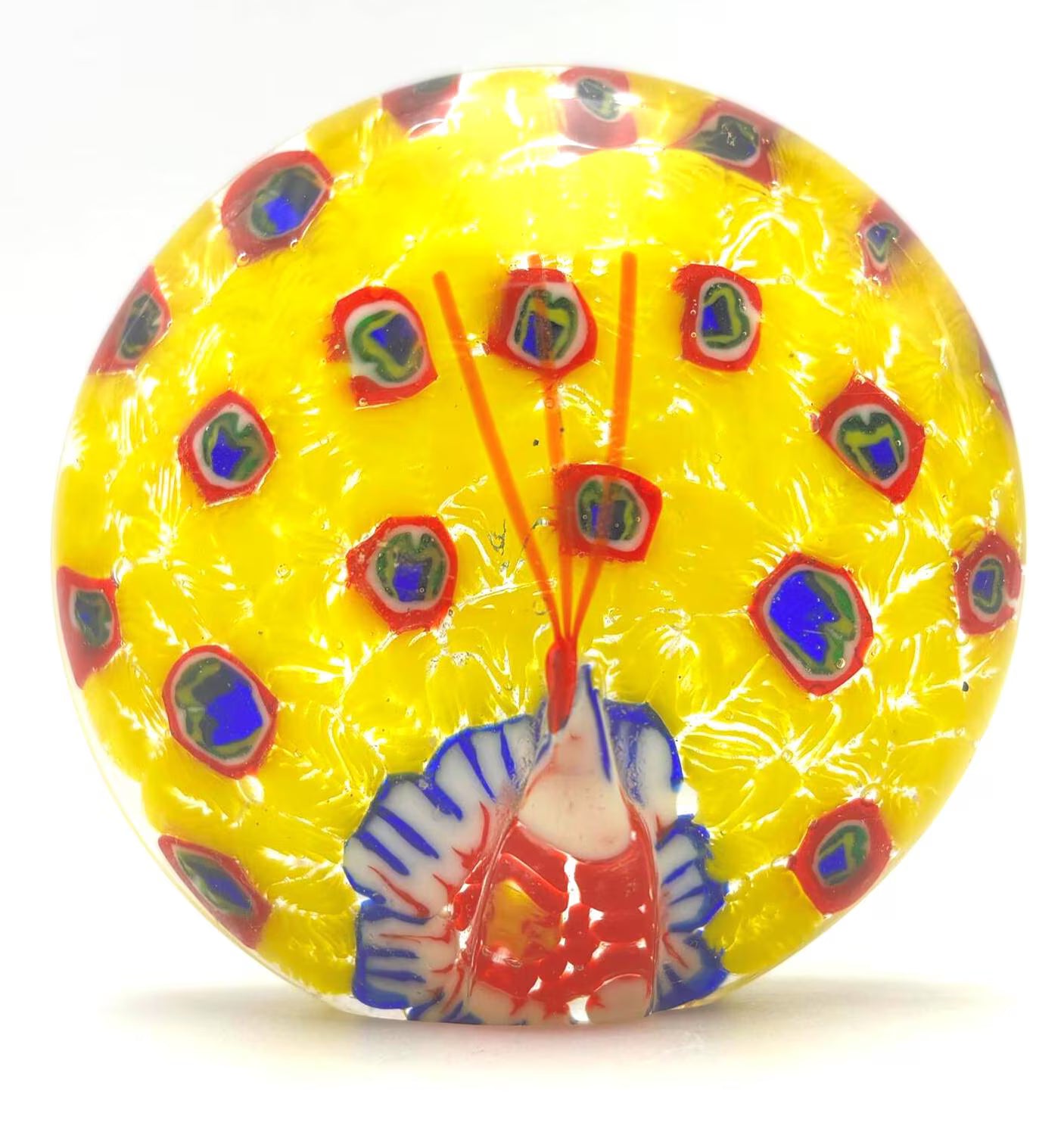 VINTAGE MURANO STYLE PEACOCK PAPERWEIGHT – YELLOW MILLEFIORI VENETIAN ART GLASS SCULPTURE