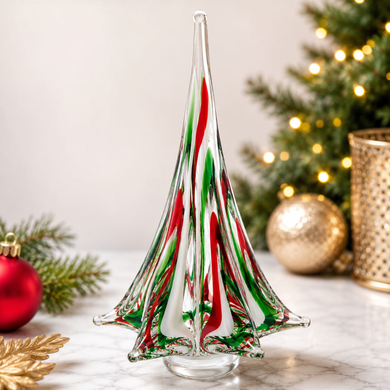 VINTAGE MURANO STYLE ART GLASS CHRISTMAS TREE | HAND BLOWN RED GREEN WHITE RIBBON SWIRL HOLIDAY DECOR