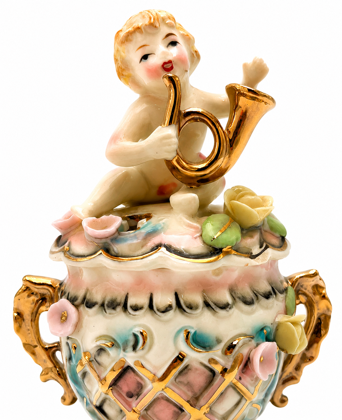 VINTAGE PORCELAIN CHERUB VANITY JAR | CAPODIMONTE STYLE COVERED TRINKET BOX HOLLYWOOD REGENCY DECOR