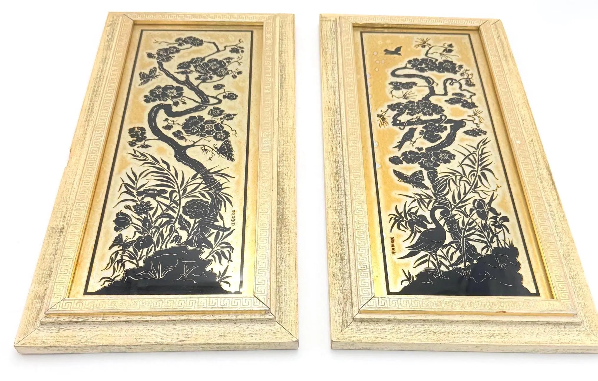 VINTAGE REVERSE-DECORATED GLASS CHINOISERIE WALL ART PAIR