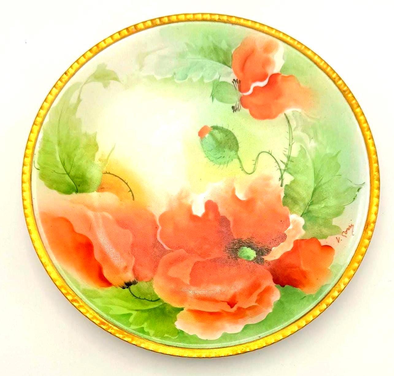 VINTAGE RICHARD GINORI HAND-PAINTED ITALIAN POPPY PORCELAIN CABINET PLATE WITH RAISED GILT RIM