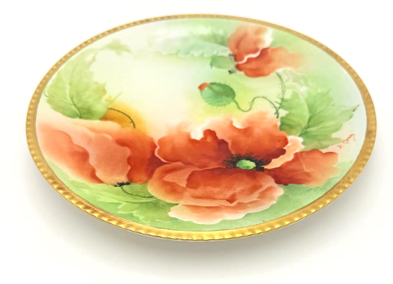 VINTAGE RICHARD GINORI HAND-PAINTED ITALIAN POPPY PORCELAIN CABINET PLATE WITH RAISED GILT RIM