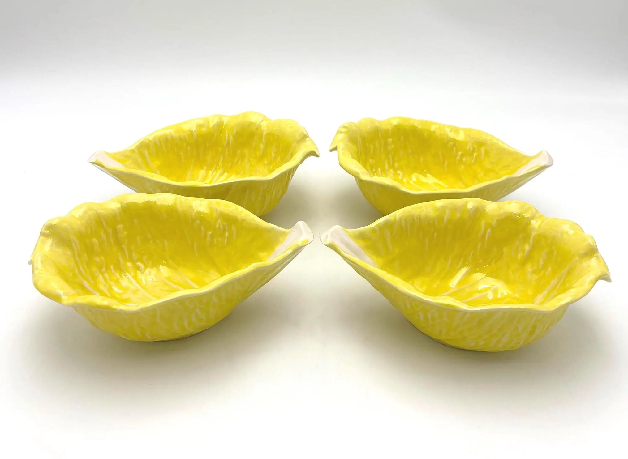 VINTAGE SECLA PORTUGAL YELLOW CABBAGE LEAF BOWLS SET OF 4 – PORTUGUESE MAJOLICA STYLE CERAMIC SERVING DISHES, 1970S–1980S