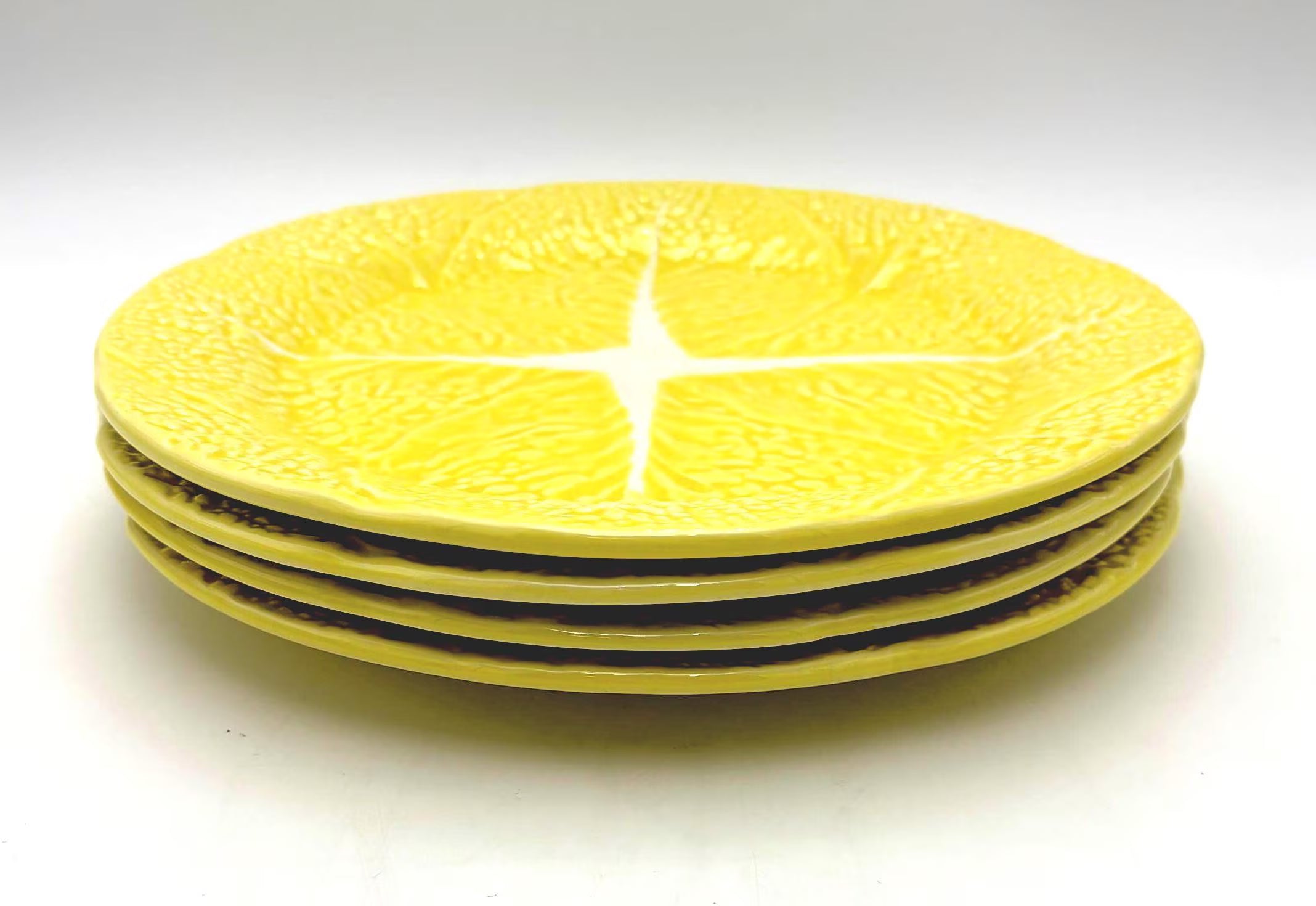 VINTAGE SECLA YELLOW CABBAGE LEAF DINNER PLATES SET OF 4 | 11 INCH PORTUGUESE MAJOLICA STYLE TABLEWARE