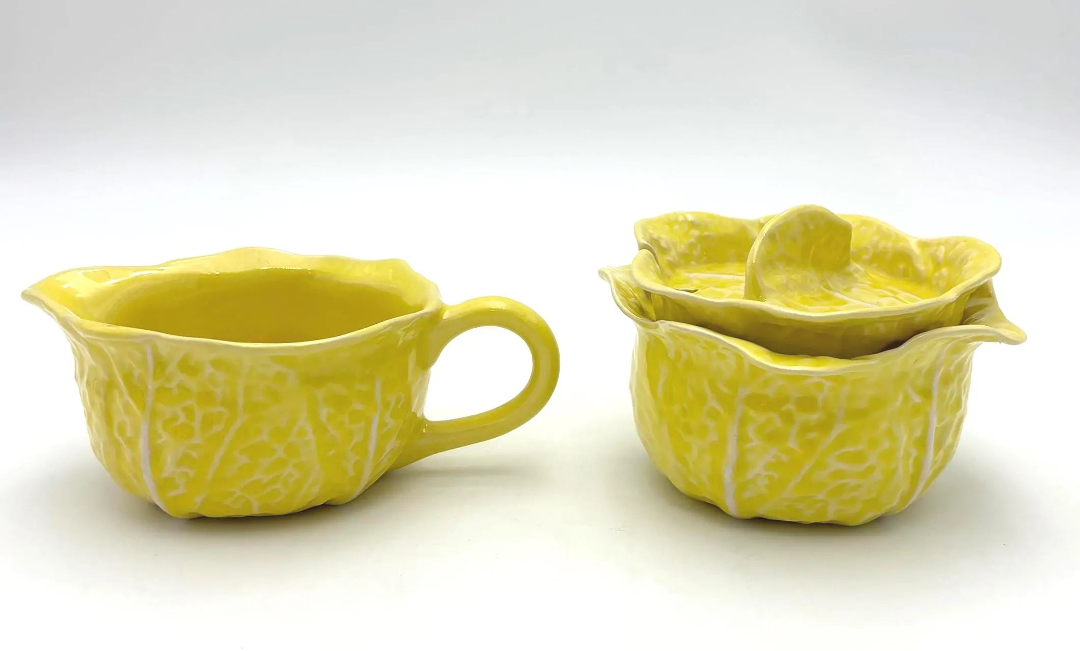 VINTAGE SECLA YELLOW CABBAGE LEAF CREAMER AND SUGAR BOWL SET | PORTUGUESE MAJOLICA TEA SET WITH LID