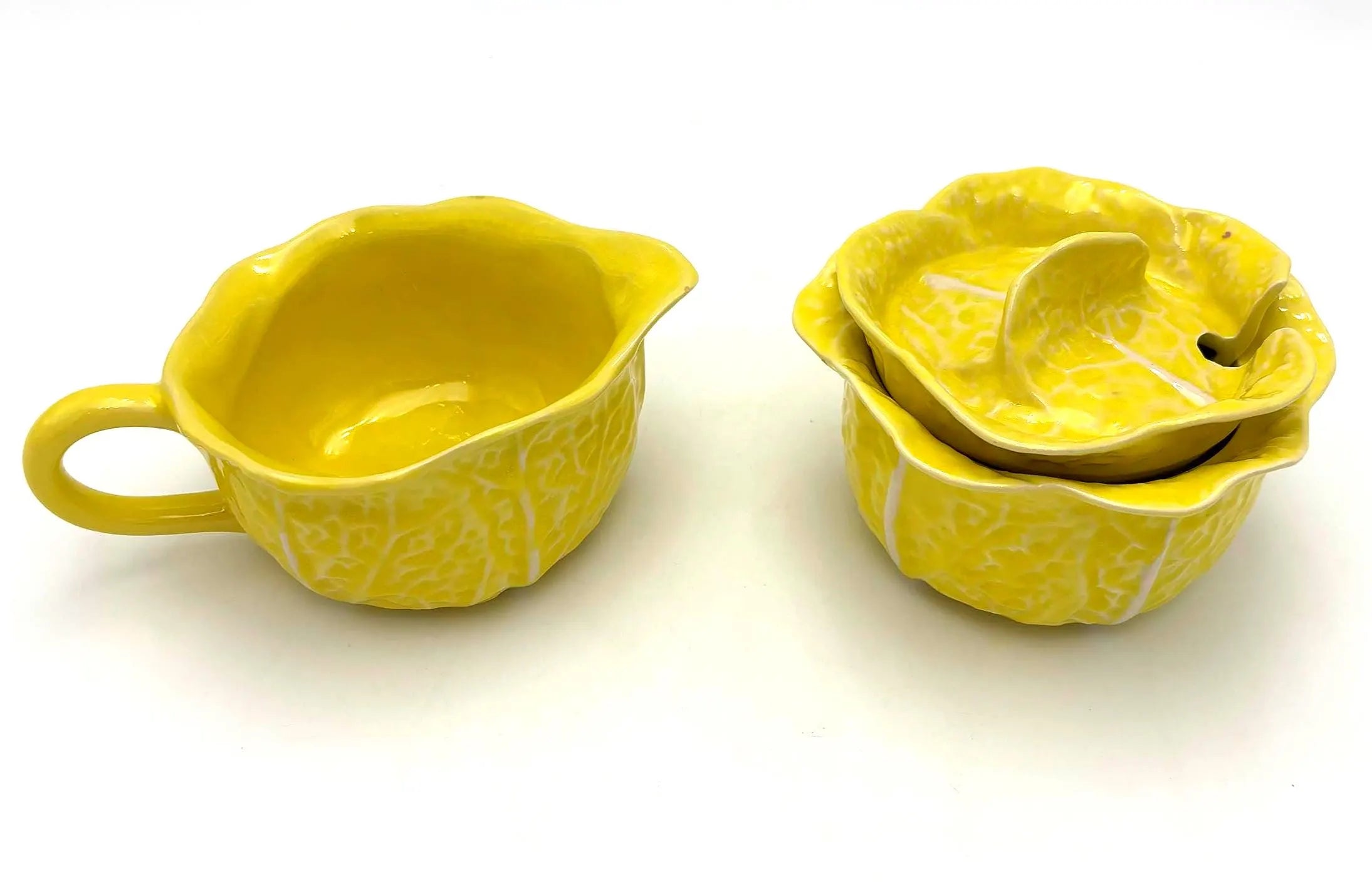 VINTAGE SECLA YELLOW CABBAGE LEAF CREAMER AND SUGAR BOWL SET | PORTUGUESE MAJOLICA TEA SET WITH LID