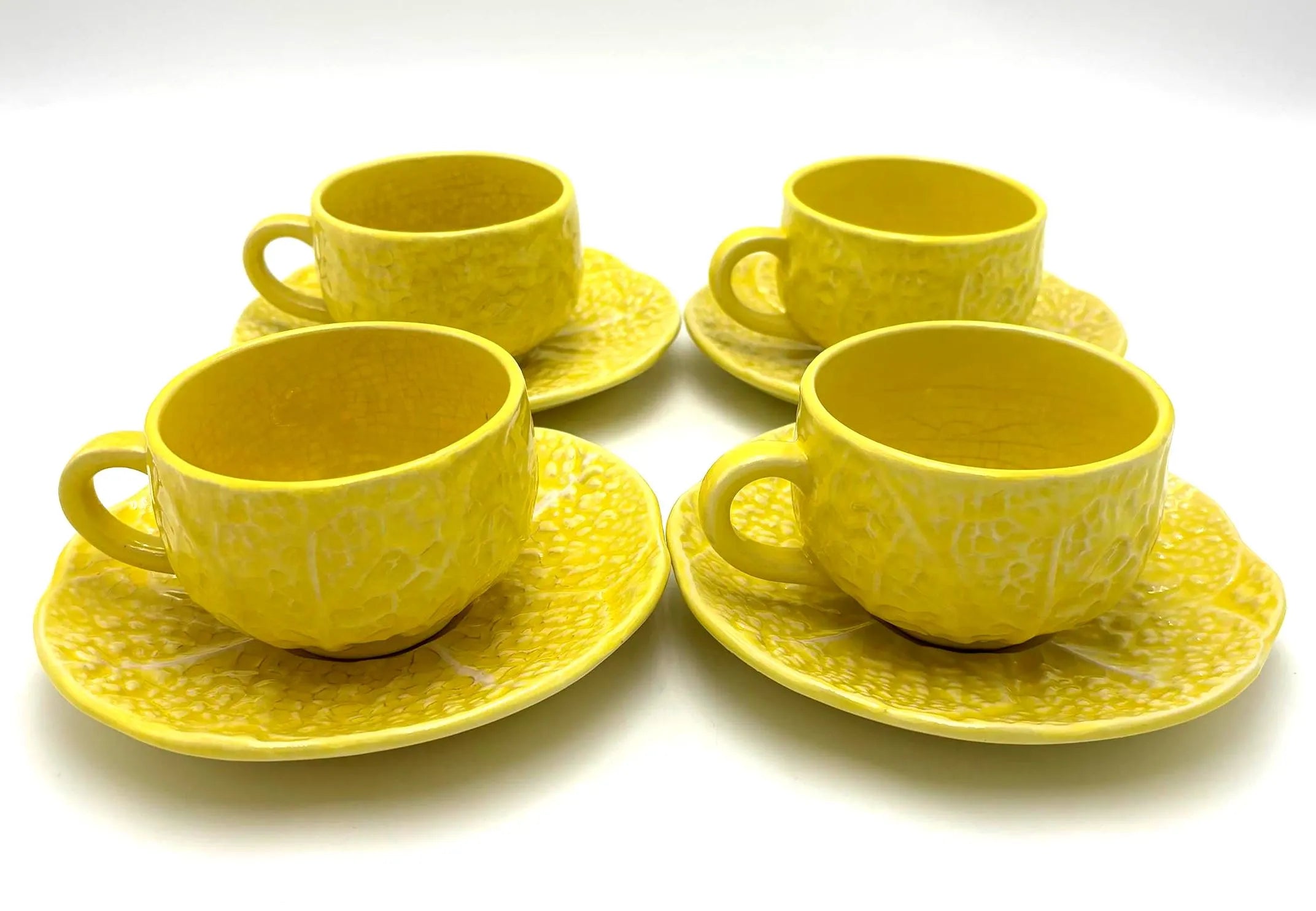 VINTAGE SECLA YELLOW CABBAGEWARE TEACUPS AND SAUCERS SET OF 4 | PORTUGUESE MAJOLICA COTTAGECORE CUPS