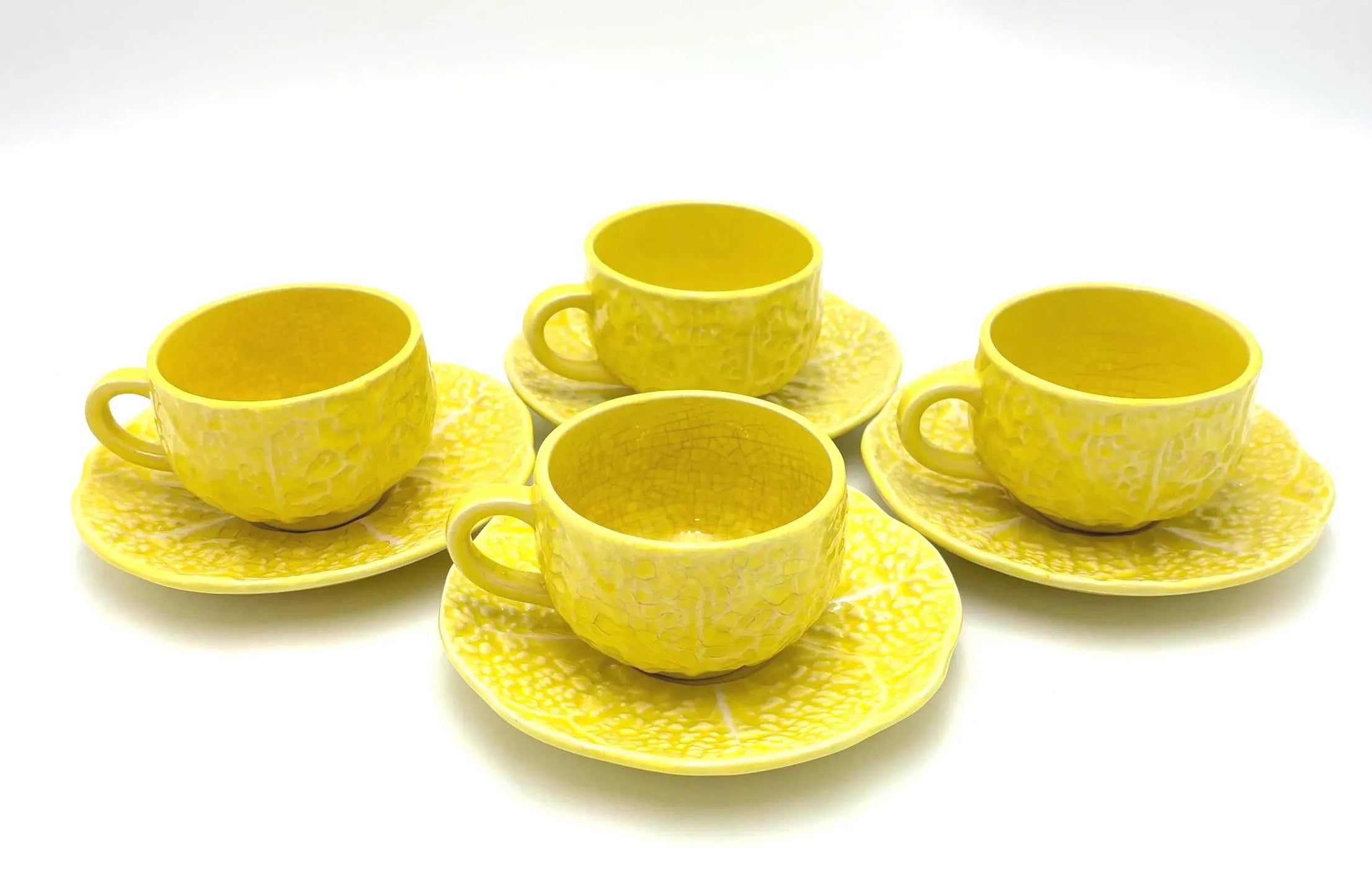VINTAGE SECLA YELLOW CABBAGEWARE TEACUPS AND SAUCERS SET OF 4 | PORTUGUESE MAJOLICA COTTAGECORE CUPS