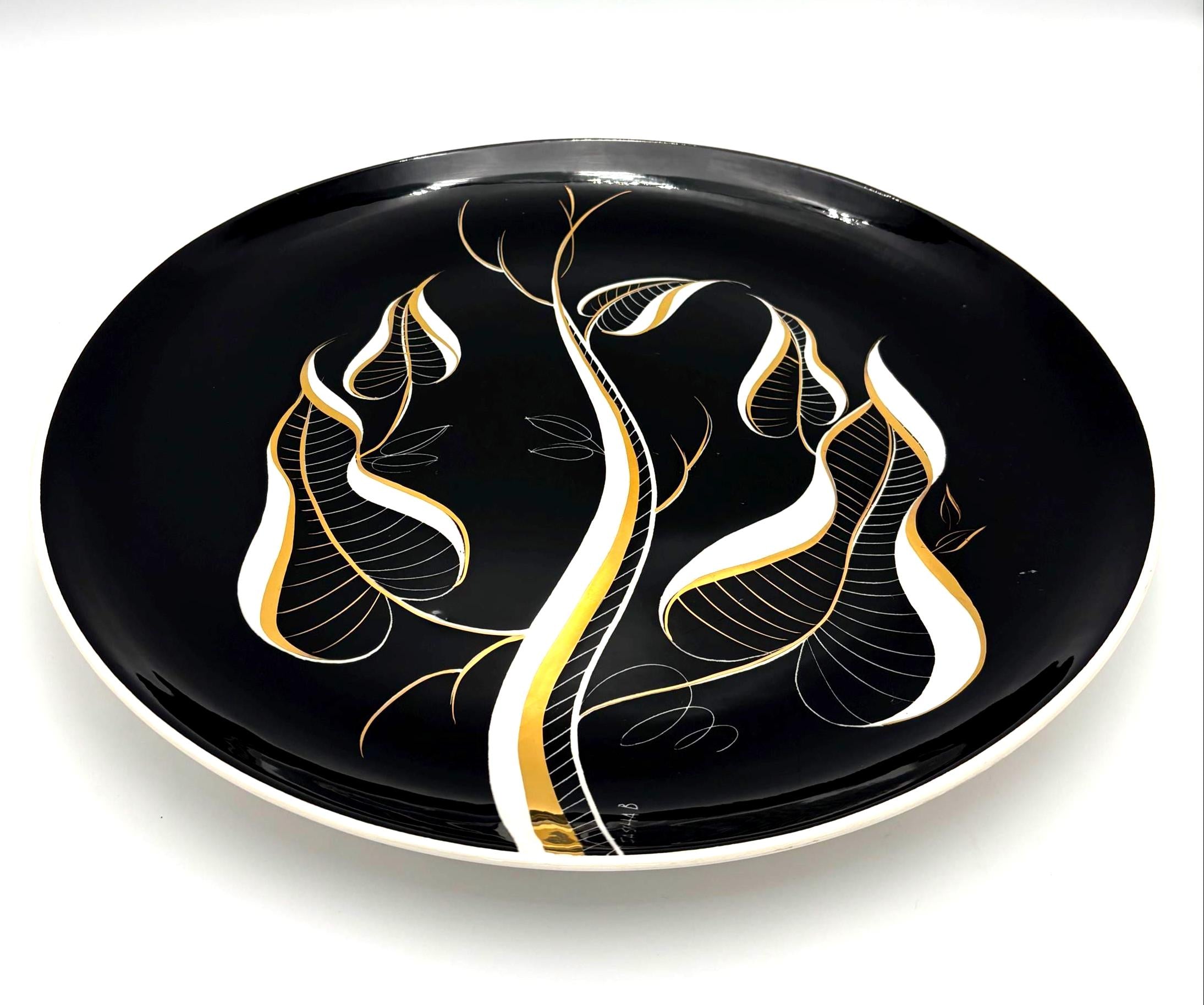 VINTAGE SASCHA BRASTOFF CALIFORNIA MID CENTURY MODERN CHARGER PLATE – BLACK GOLD ATOMIC HOLLYWOOD REGENCY CERAMIC WALL ART