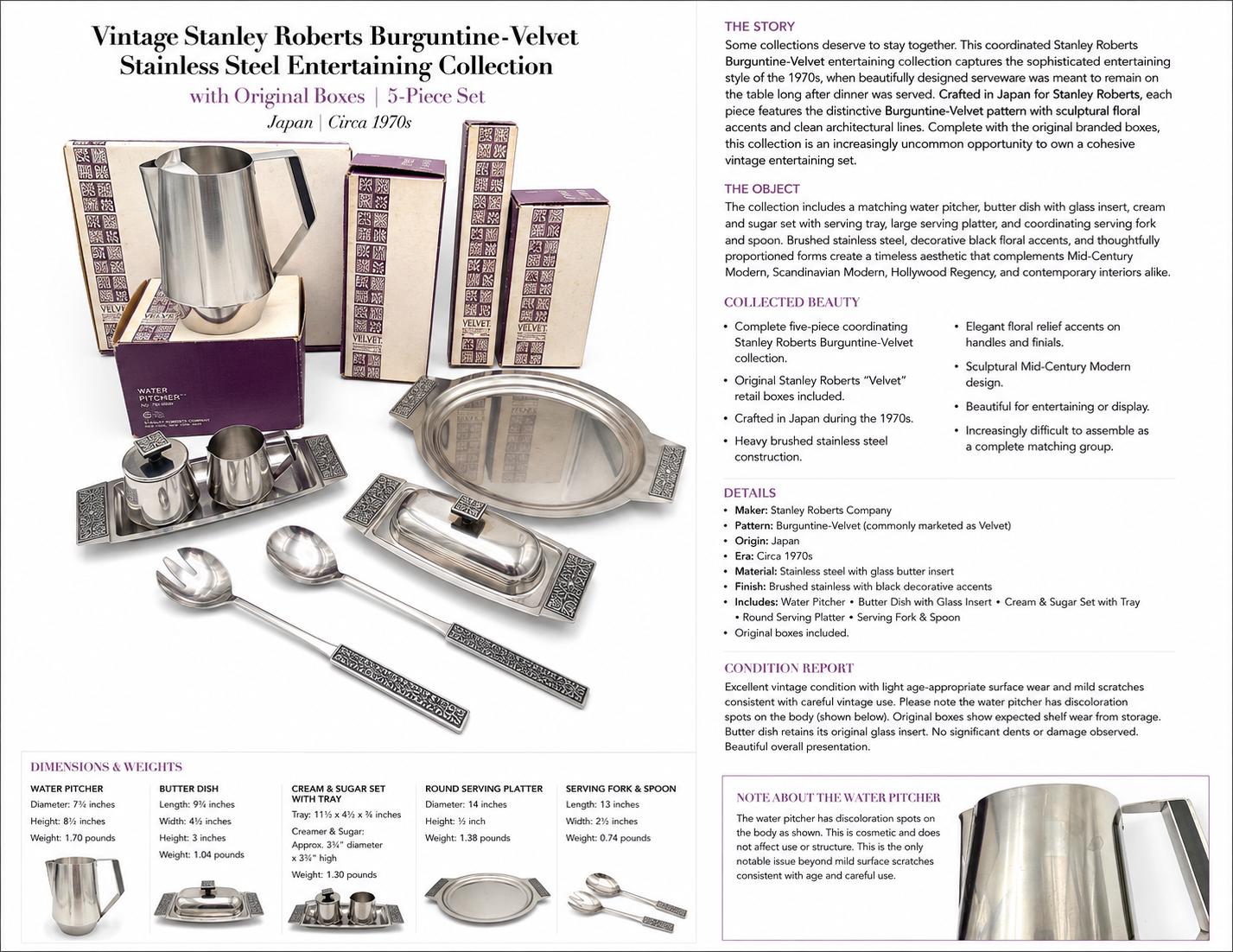 VINTAGE STANLEY ROBERTS BURGUNTINE-VELVET STAINLESS STEEL ENTERTAINING COLLECTION WITH ORIGINAL BOXES
