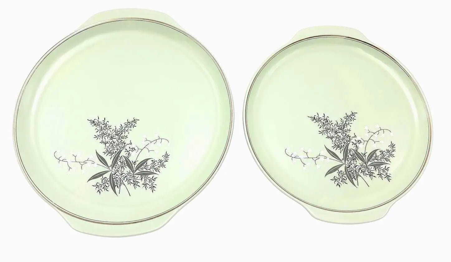 VINTAGE TAYLOR SMITH TAYLOR LADY EMPIRE CELADON SERVING PLATTERS – MID CENTURY PERMACAL OVENPROOF DINNERWARE PAIR