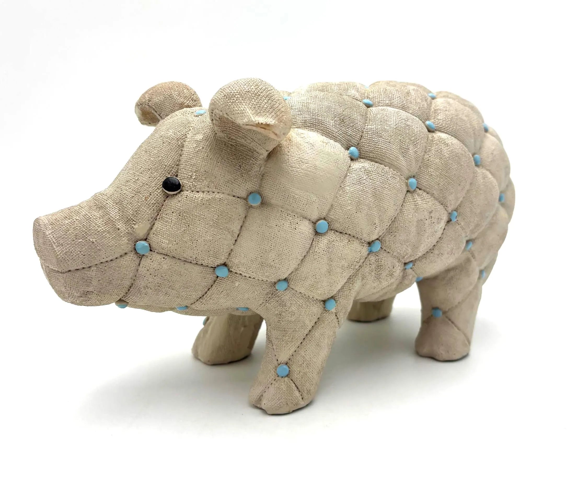 VINTAGE TUFTED PIG SCULPTURE LINEN DECOUPAGE ANIMAL FIGURE – BLUE STUDDED WHIMSICAL DECOR, 1970S HOLLYWOOD REGENCY STYLE