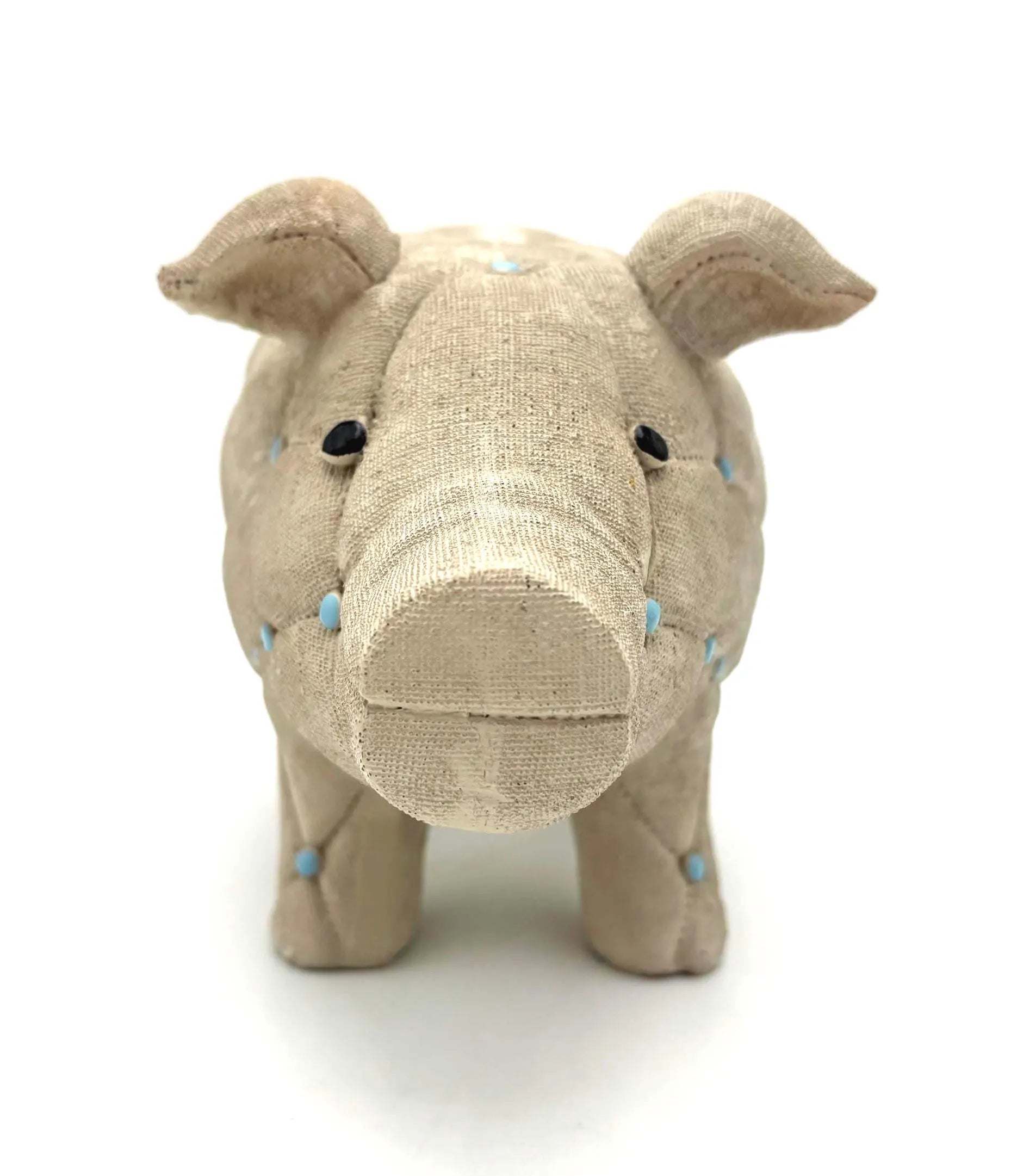 VINTAGE TUFTED PIG SCULPTURE LINEN DECOUPAGE ANIMAL FIGURE – BLUE STUDDED WHIMSICAL DECOR, 1970S HOLLYWOOD REGENCY STYLE