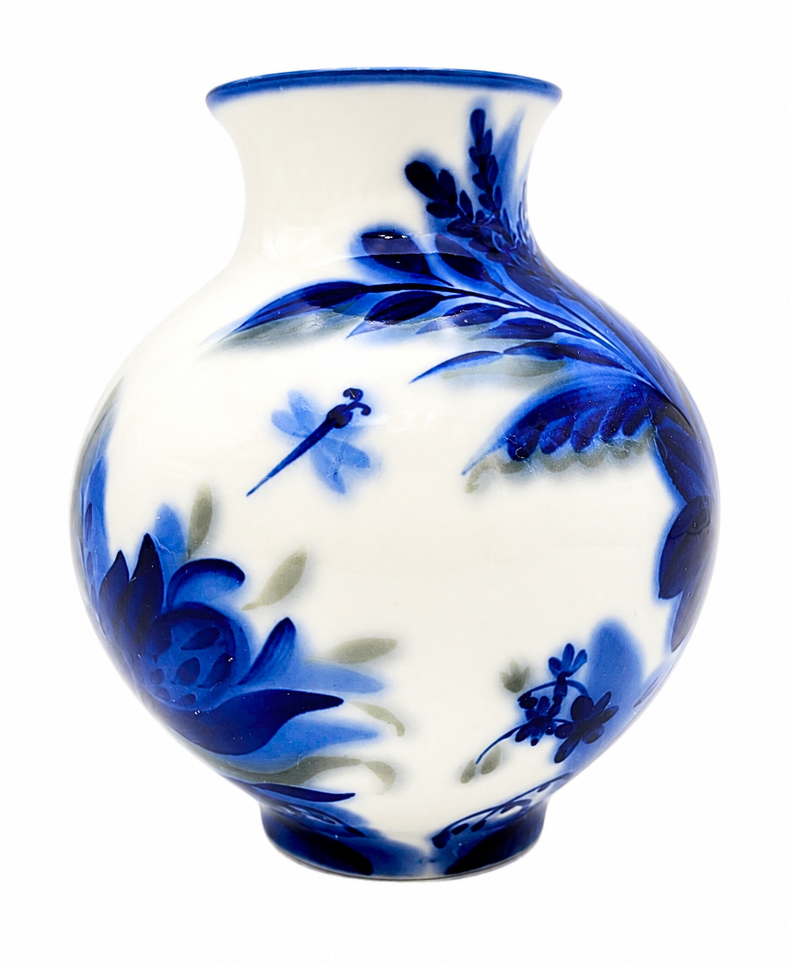VINTAGE LOMONOSOV LFZ HAND-PAINTED COBALT PORCELAIN VASE WITH DRAGONFLY MOTIF MADE IN USSR