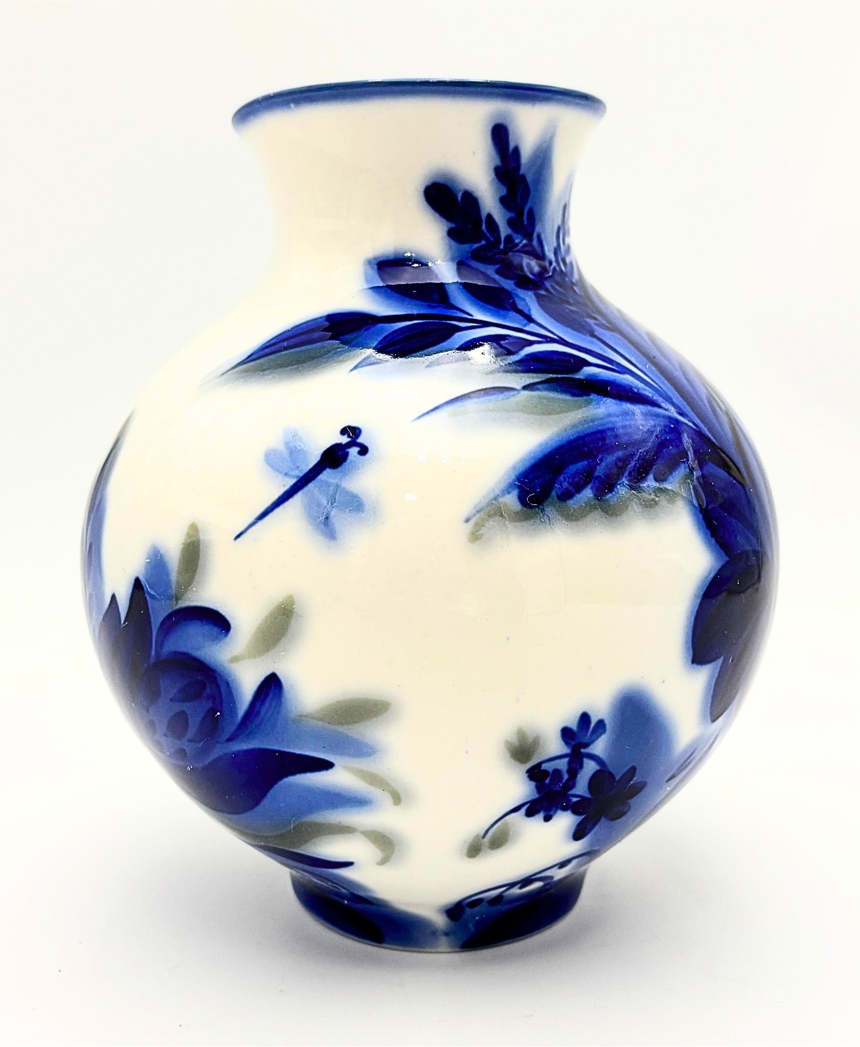 VINTAGE LOMONOSOV LFZ HAND-PAINTED COBALT PORCELAIN VASE WITH DRAGONFLY MOTIF MADE IN USSR