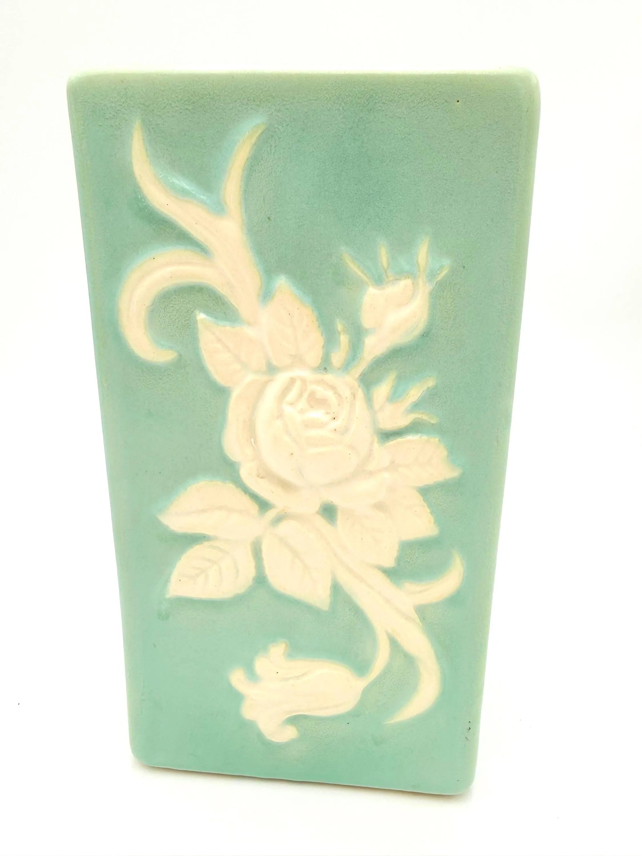 VINTAGE WELLER POTTERY MATTE AQUA ROSE RELIEF ART POTTERY VASE