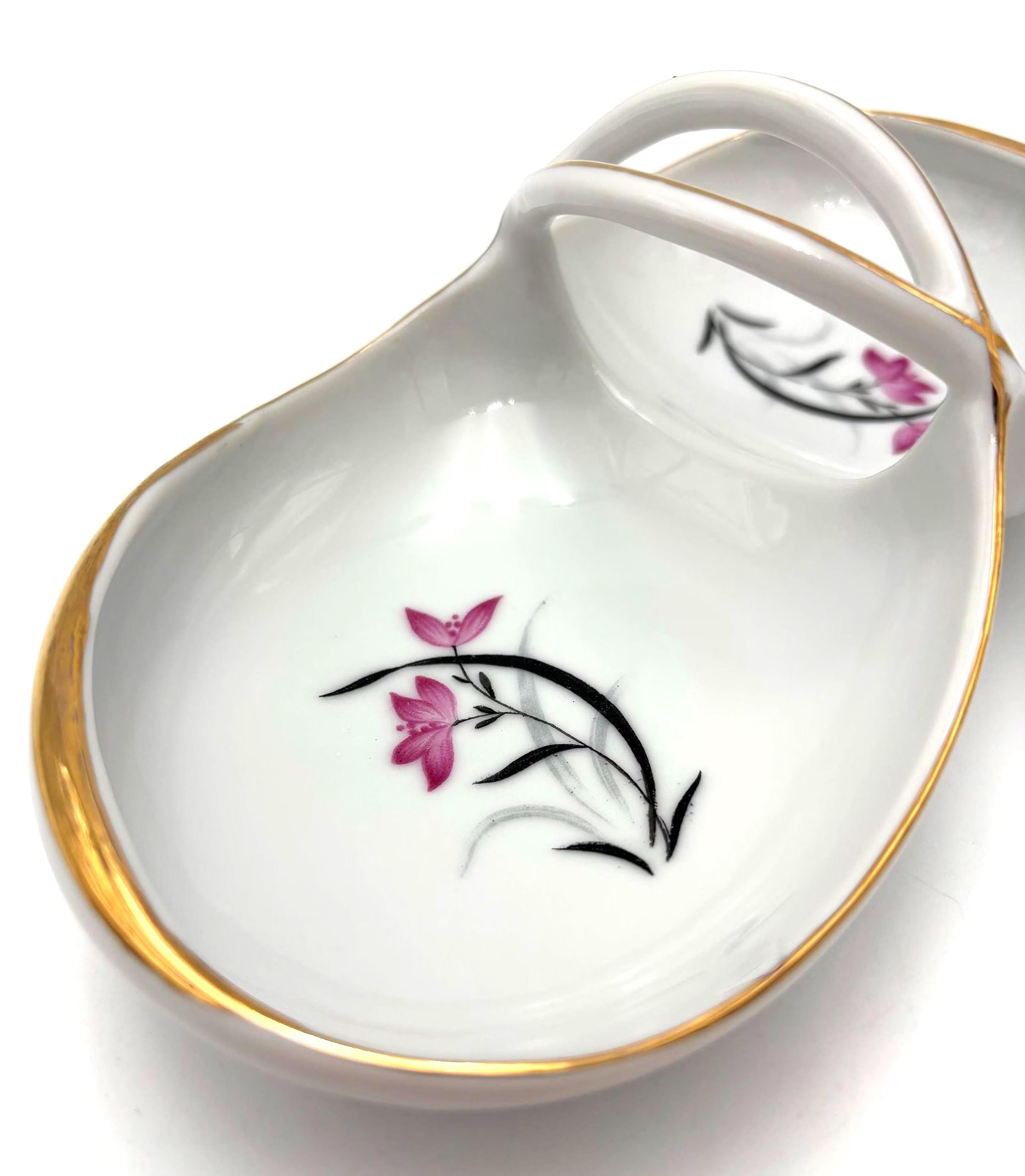 VINTAGE ATOMIC ERA PORCELAIN DOUBLE DISH – GOLD RIM PINK FLORAL MID CENTURY TIDBIT SERVER
