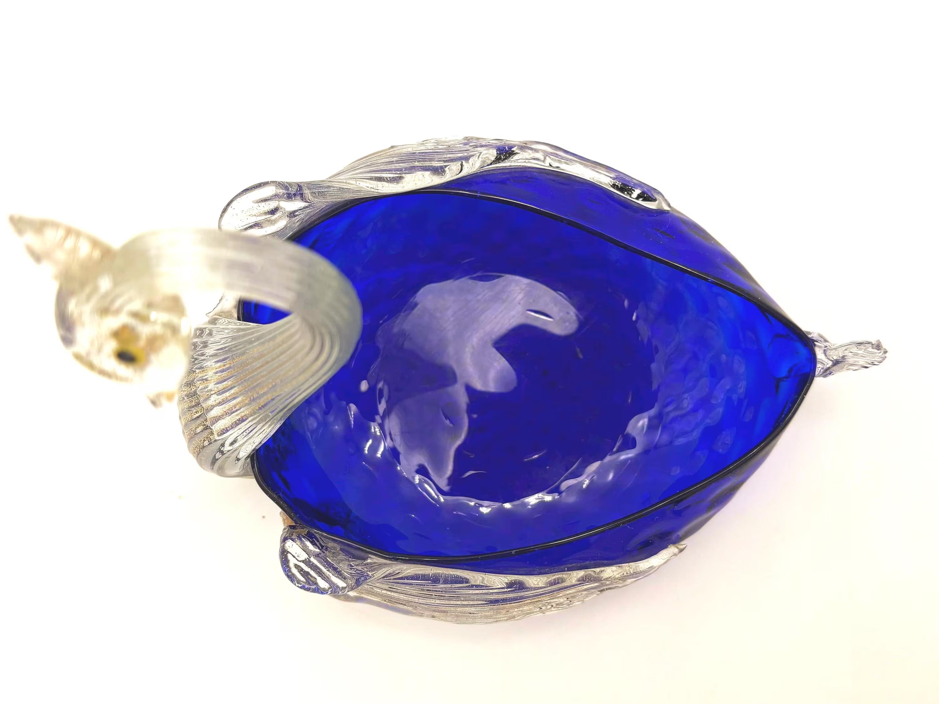 VINTAGE COBALT BLUE ART GLASS SWAN BOWL | GOLD AVENTURINE MURANO STYLE SCULPTURAL BIRD DISH