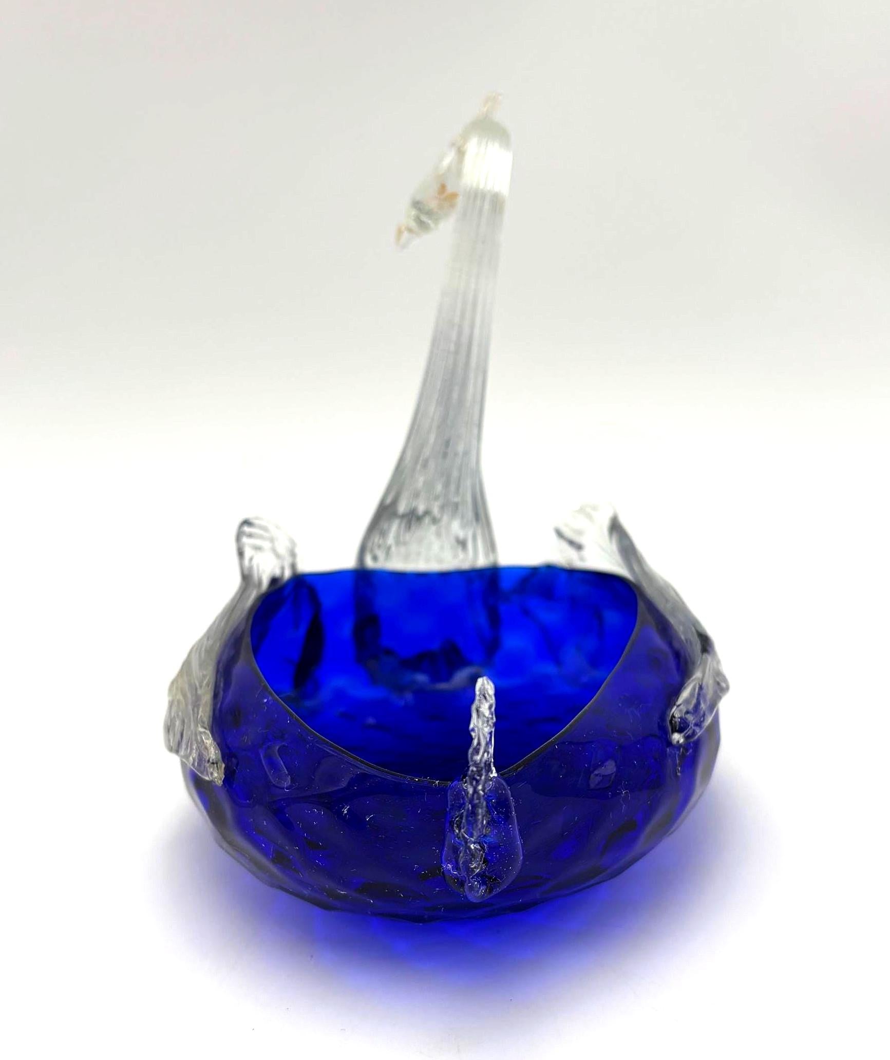 VINTAGE COBALT BLUE ART GLASS SWAN BOWL | GOLD AVENTURINE MURANO STYLE SCULPTURAL BIRD DISH