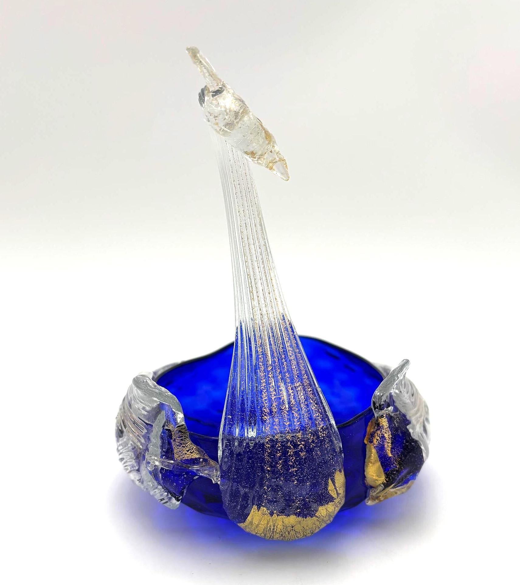 VINTAGE COBALT BLUE ART GLASS SWAN BOWL | GOLD AVENTURINE MURANO STYLE SCULPTURAL BIRD DISH
