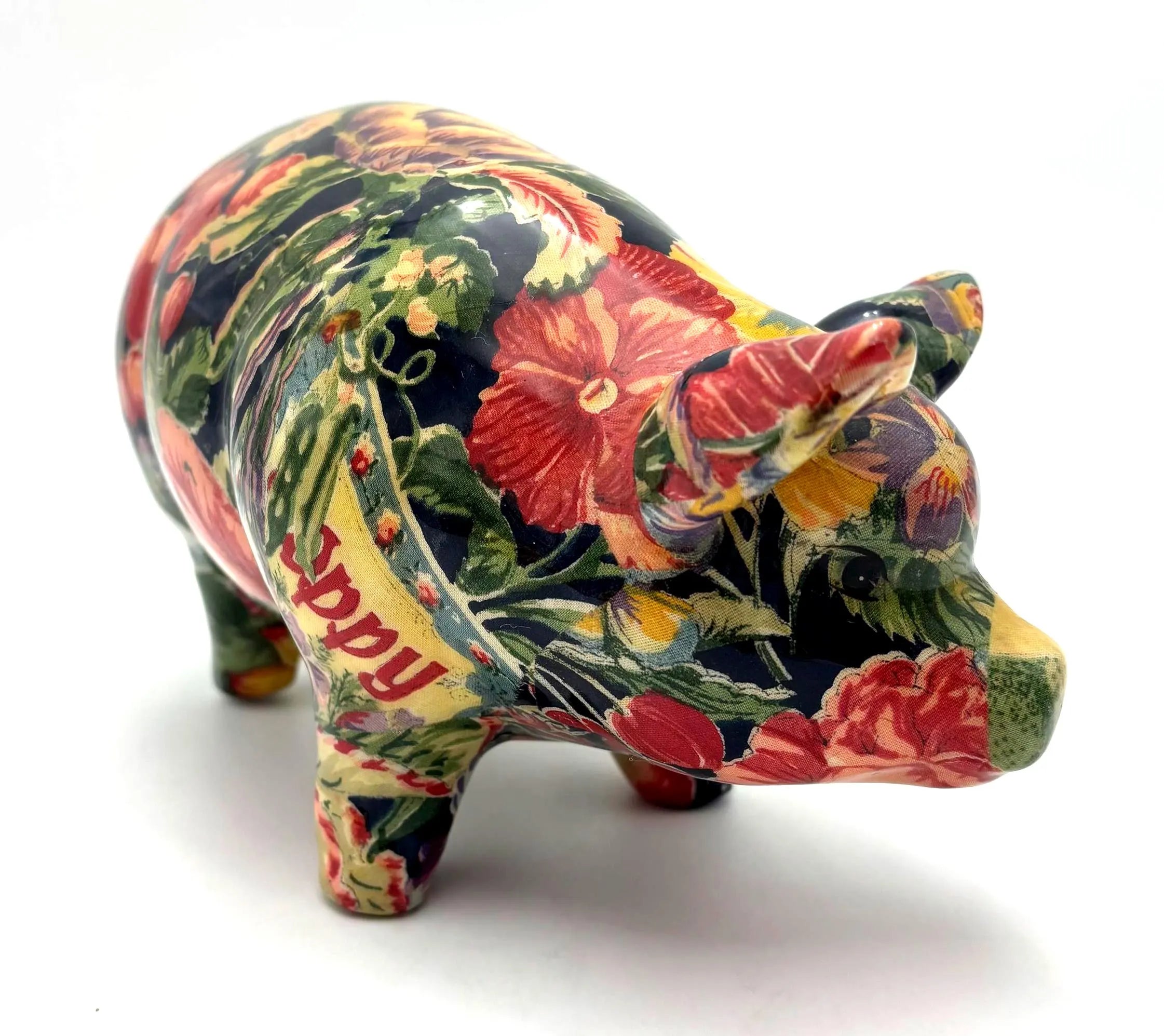 VINTAGE DECOUPAGE PIG SCULPTURE | FRUIT COLLAGE FIGURINE ITALIAN MARKET STYLE KITCHEN DECOR