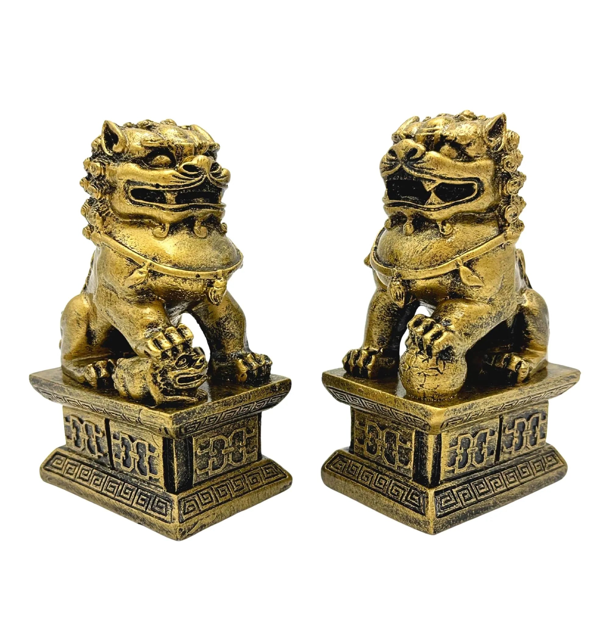 VINTAGE GOLD FOO DOG STATUES PAIR – 1980S CHINESE GUARDIAN LION FENG SHUI DECOR