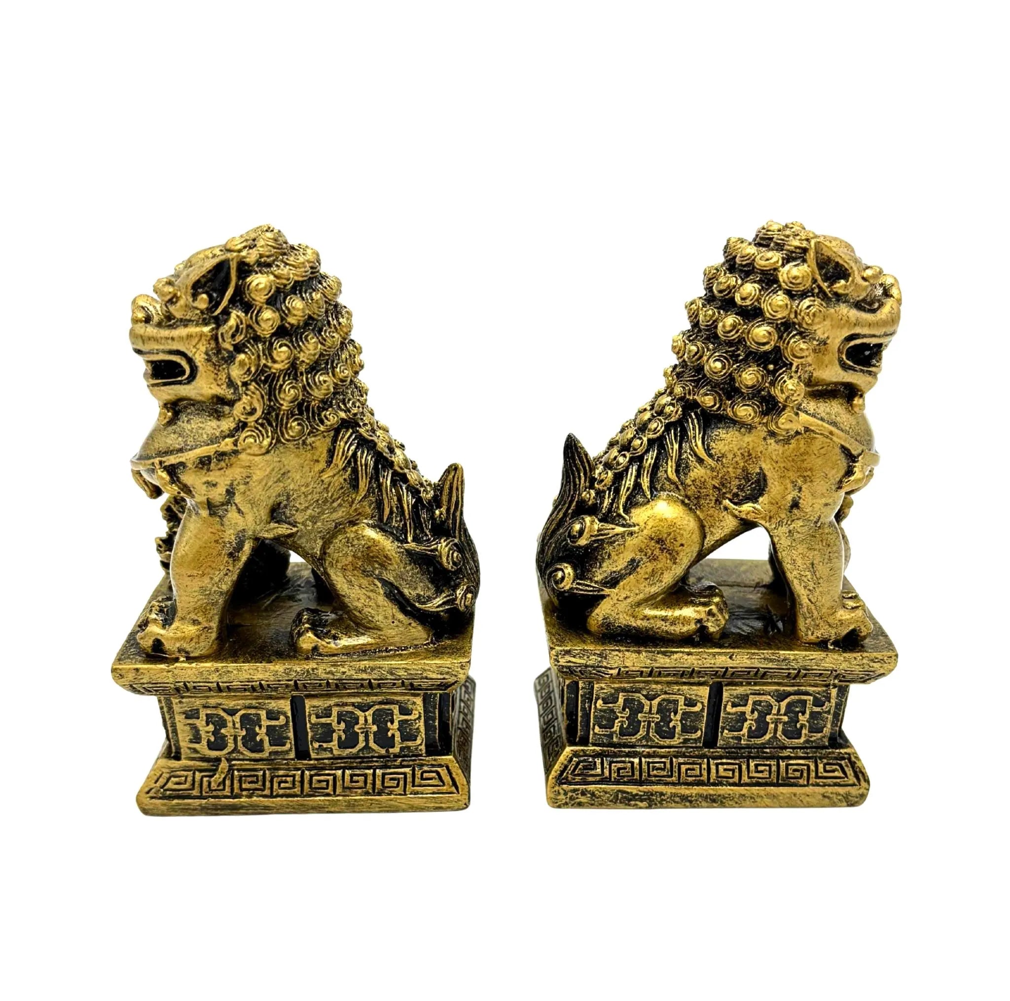 VINTAGE GOLD FOO DOG STATUES PAIR – 1980S CHINESE GUARDIAN LION FENG SHUI DECOR