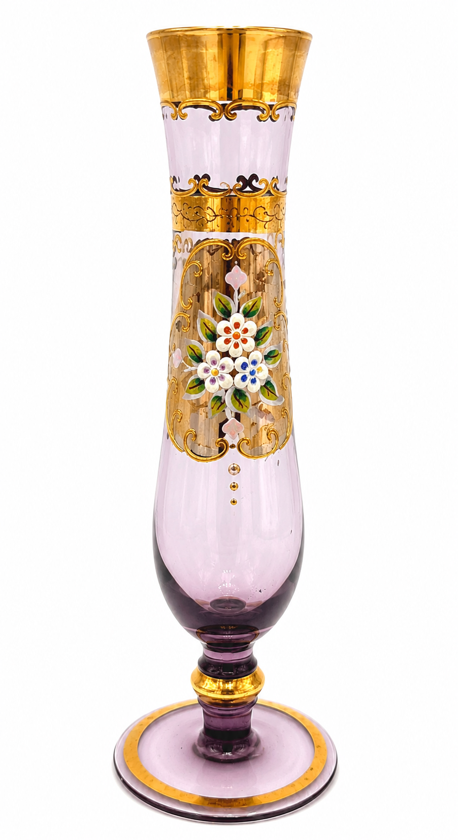 VINTAGE JAPANESE ART GLASS BUD VASE – LILAC AMETHYST HAND-PAINTED GOLD ENAMEL FLORAL DECOR
