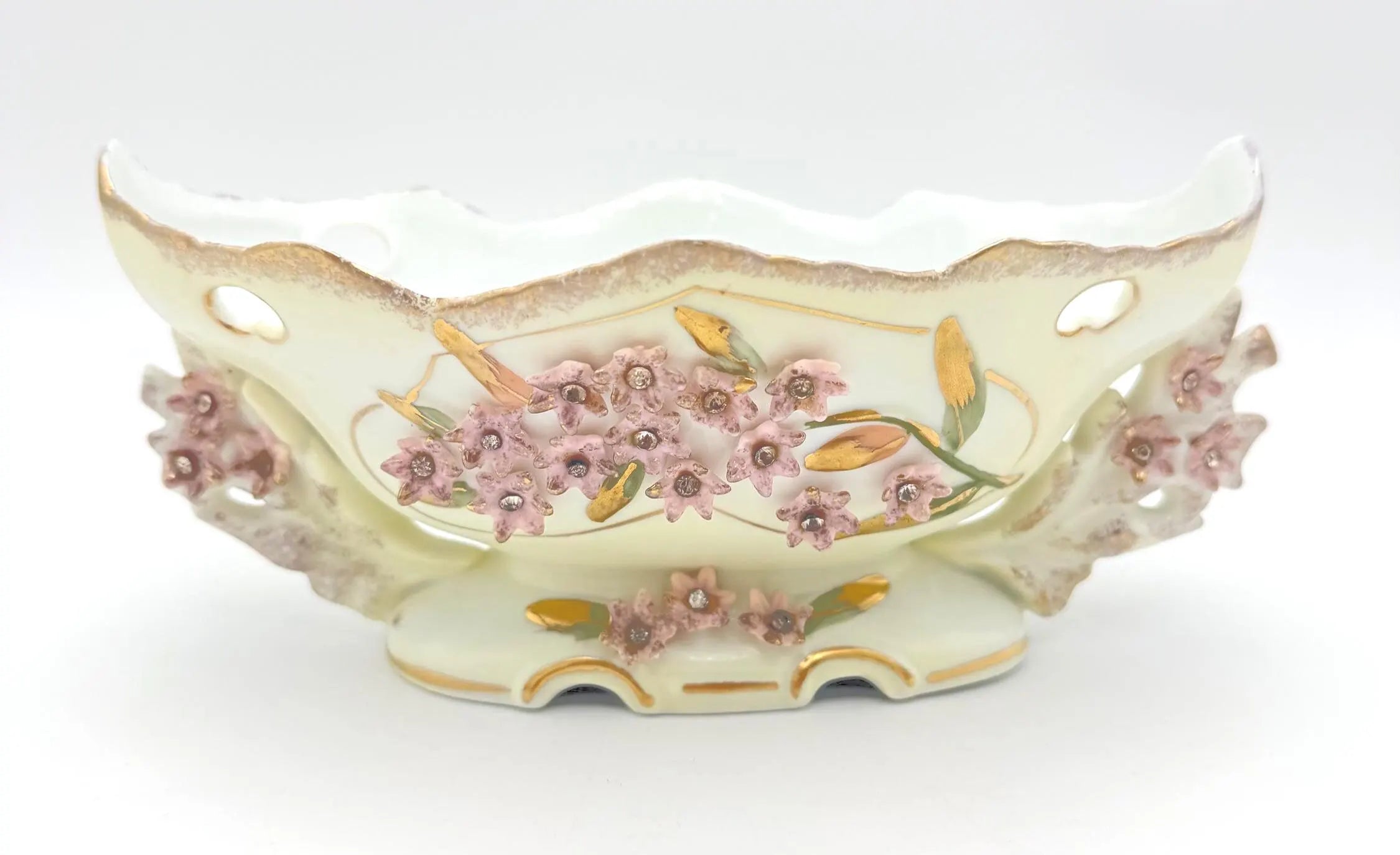 VINTAGE JEWELED PORCELAIN FLORAL CENTERPIECE BOWL WITH PINK FLOWERS
