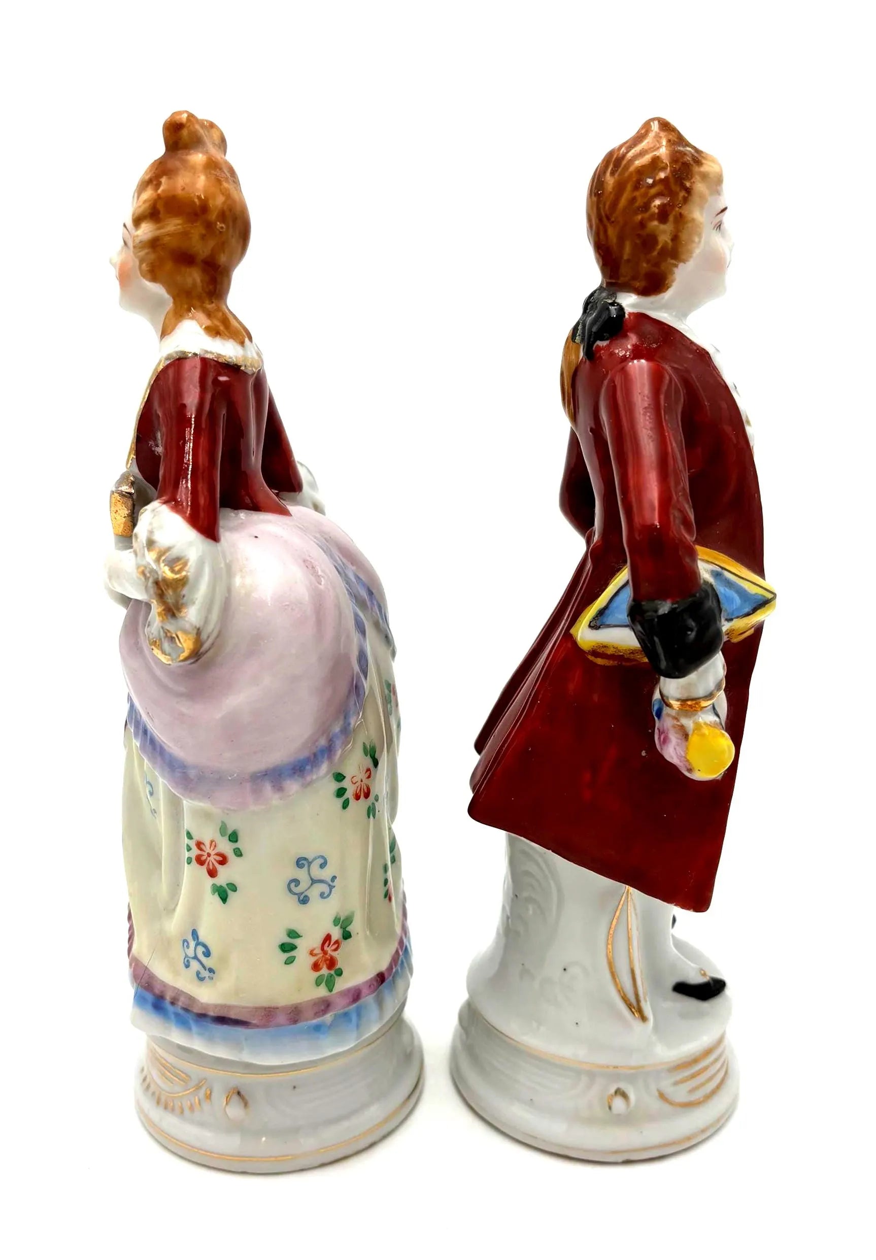 VINTAGE JAPANESE PORCELAIN FIGURINES PAIR | COLONIAL COUPLE HAND PAINTED VICTORIAN STYLE COURT FIGURES