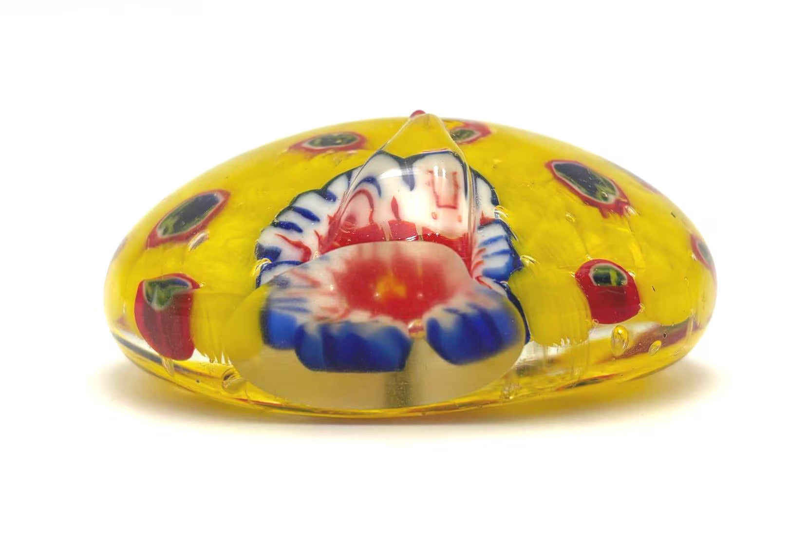 VINTAGE MURANO STYLE PEACOCK PAPERWEIGHT – YELLOW MILLEFIORI VENETIAN ART GLASS SCULPTURE