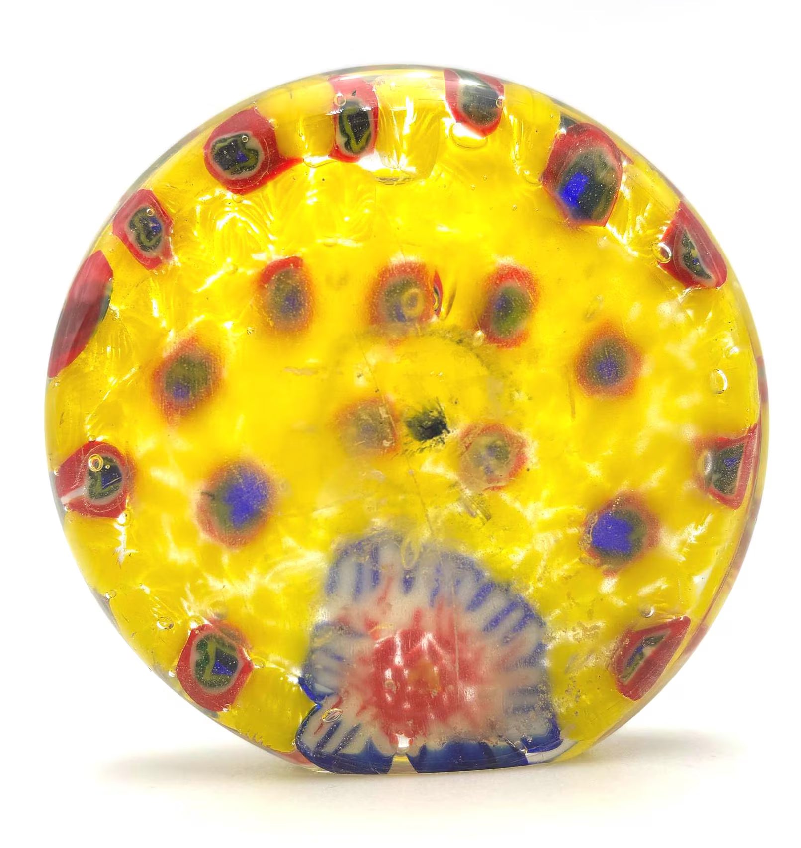 VINTAGE MURANO STYLE PEACOCK PAPERWEIGHT – YELLOW MILLEFIORI VENETIAN ART GLASS SCULPTURE