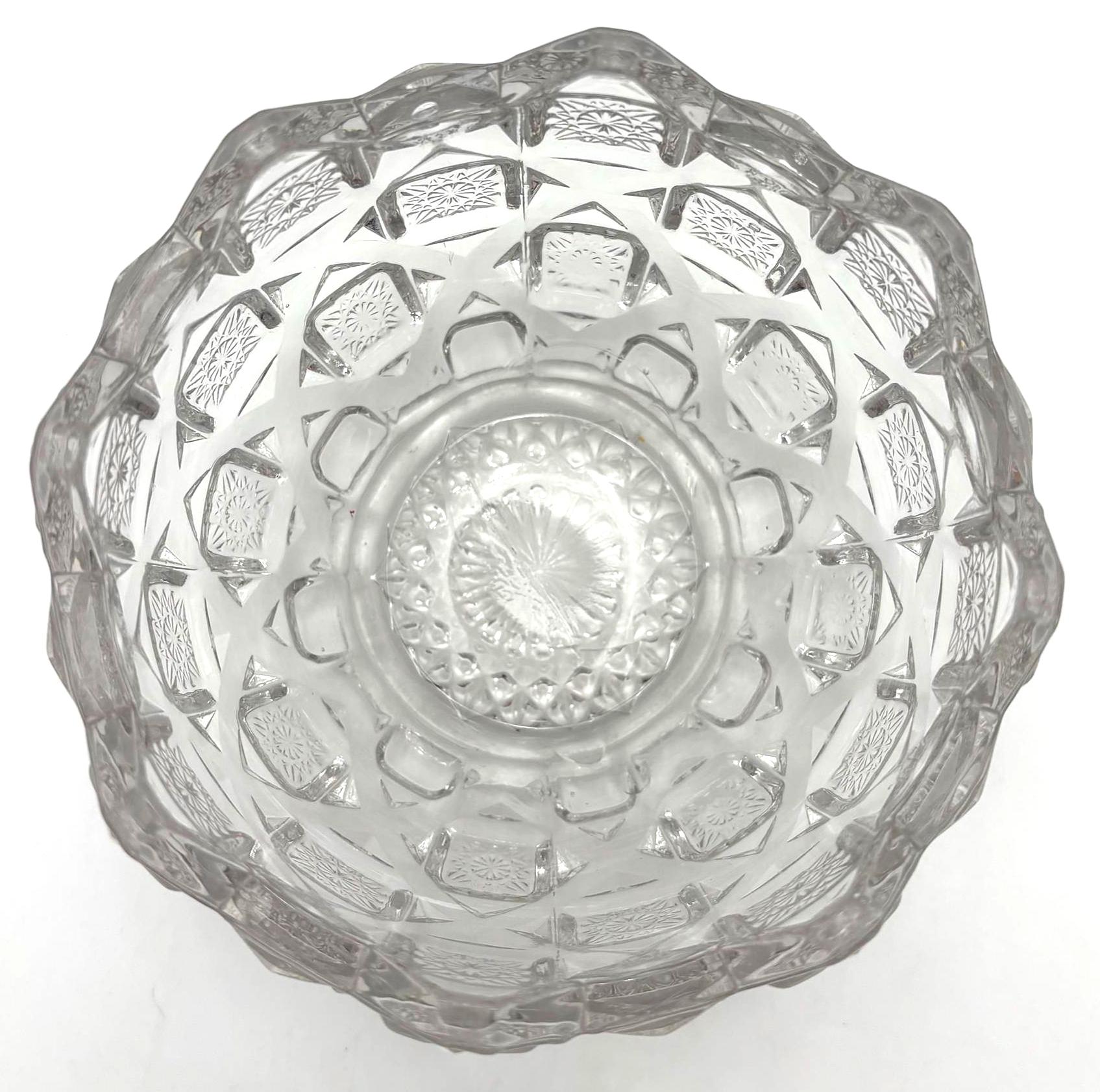 VINTAGE PRESSED GLASS PEDESTAL BOWL – GEOMETRIC STARBURST CANDY DISH HOLLYWOOD REGENCY VANITY BOWL