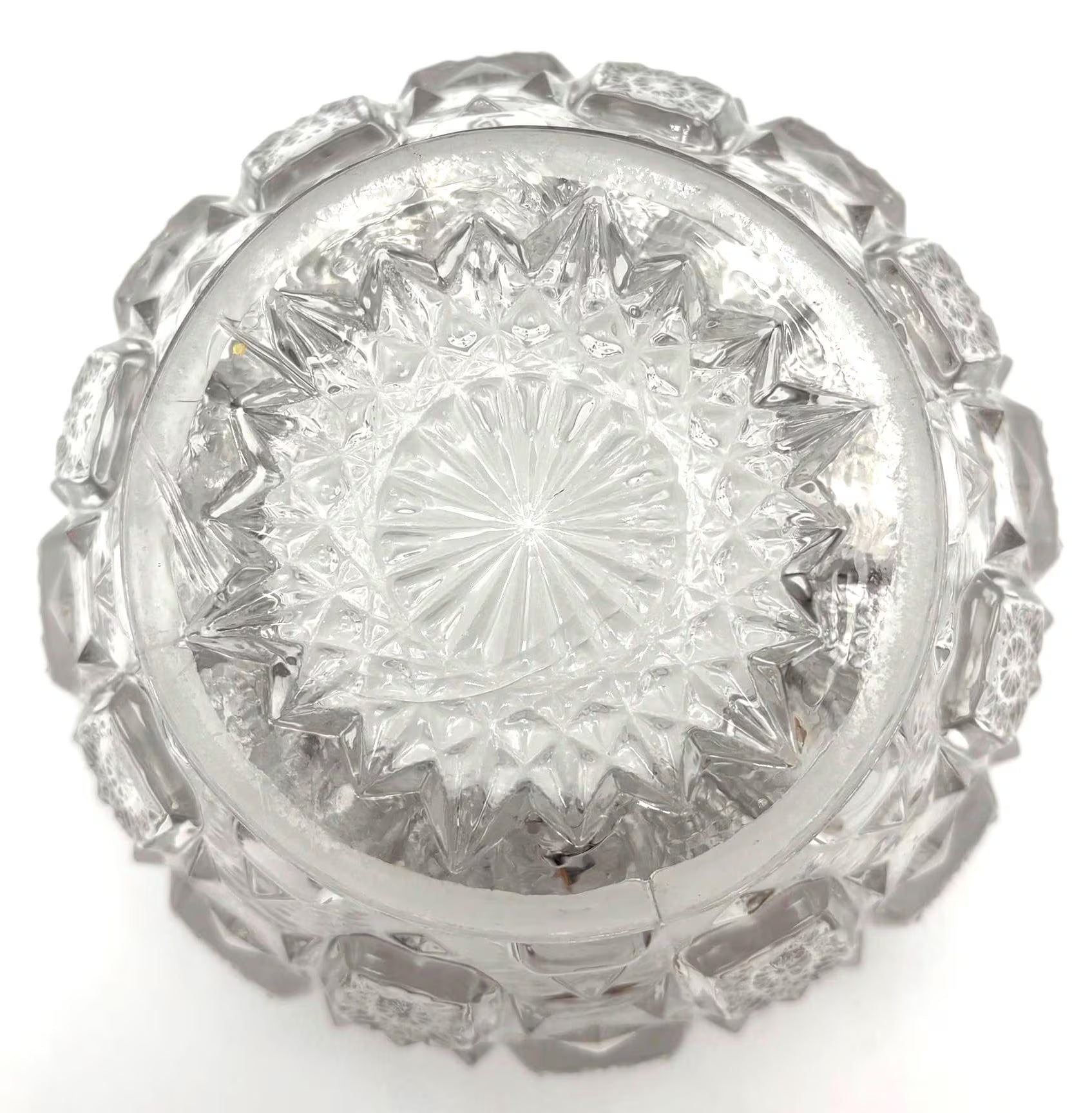 VINTAGE PRESSED GLASS PEDESTAL BOWL – GEOMETRIC STARBURST CANDY DISH HOLLYWOOD REGENCY VANITY BOWL