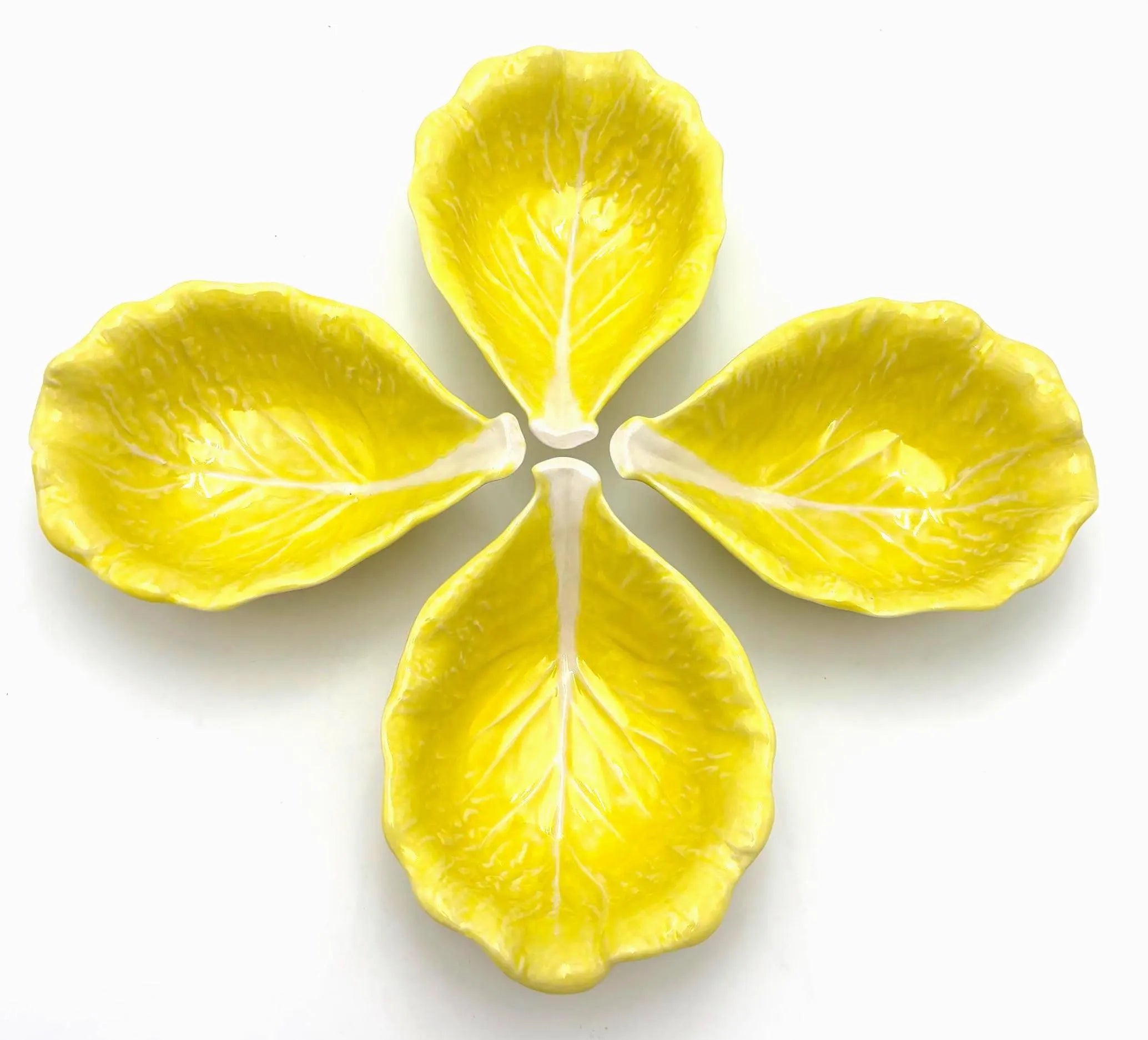 VINTAGE SECLA PORTUGAL YELLOW CABBAGE LEAF BOWLS SET OF 4 – PORTUGUESE MAJOLICA STYLE CERAMIC SERVING DISHES, 1970S–1980S