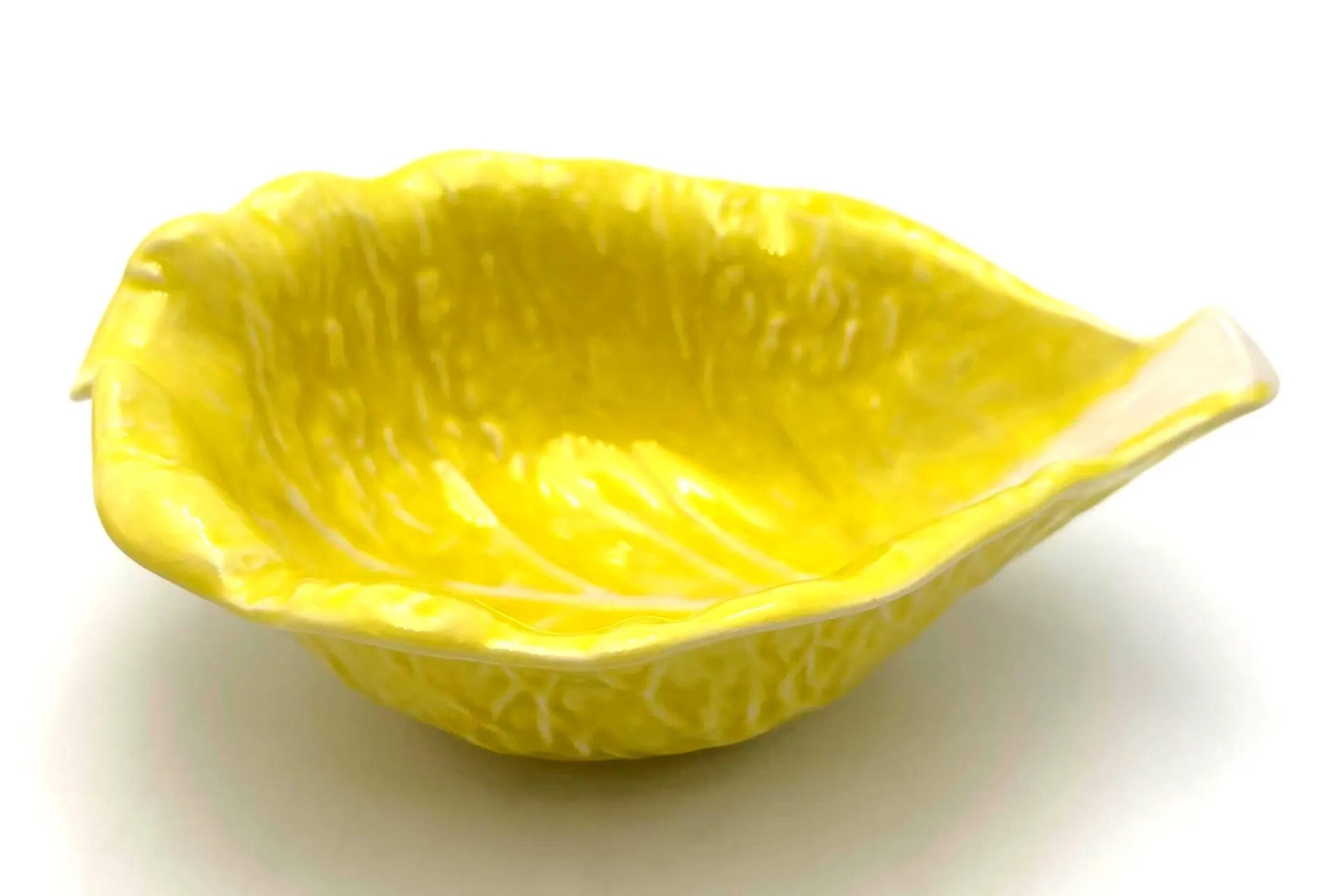 VINTAGE SECLA PORTUGAL YELLOW CABBAGE LEAF BOWLS SET OF 4 – PORTUGUESE MAJOLICA STYLE CERAMIC SERVING DISHES, 1970S–1980S