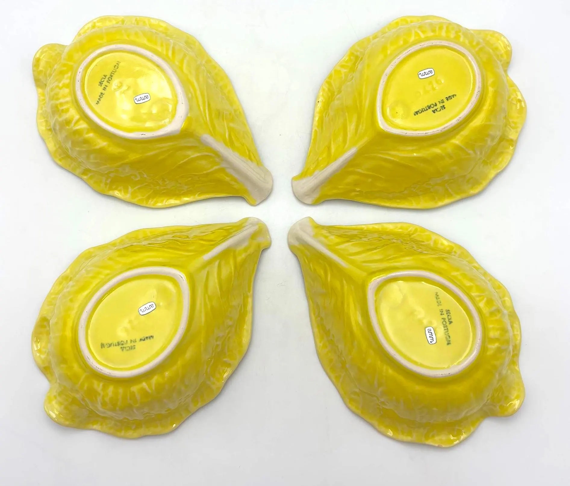 VINTAGE SECLA PORTUGAL YELLOW CABBAGE LEAF BOWLS SET OF 4 – PORTUGUESE MAJOLICA STYLE CERAMIC SERVING DISHES, 1970S–1980S