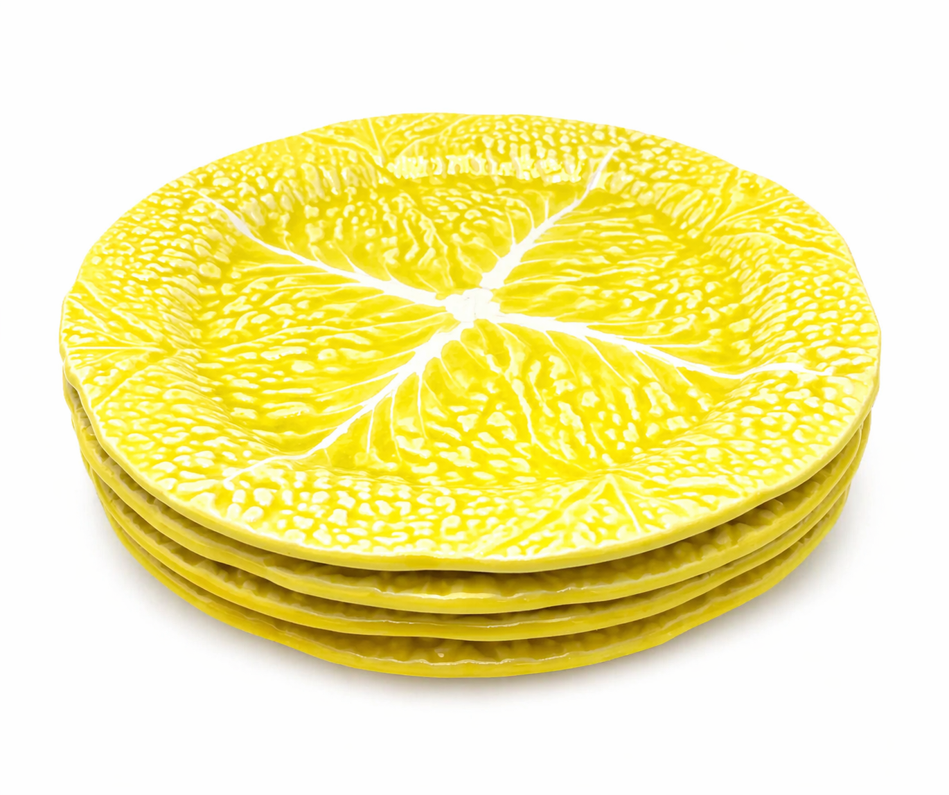 VINTAGE SECLA YELLOW CABBAGE LEAF SALAD PLATES SET OF 4 | PORTUGUESE MAJOLICA STYLE 1970S DINNERWARE