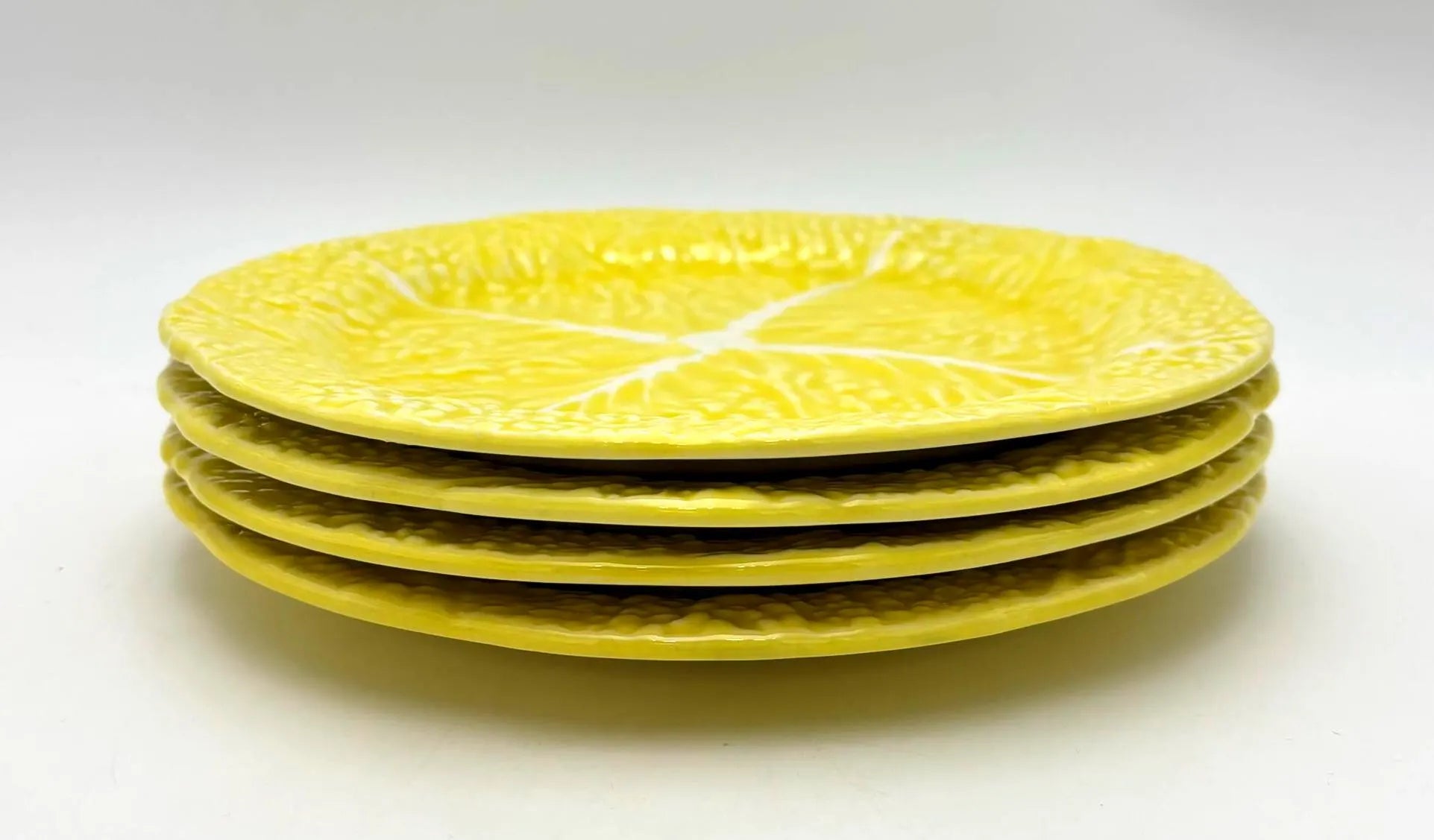 VINTAGE SECLA YELLOW CABBAGE LEAF SALAD PLATES SET OF 4 | PORTUGUESE MAJOLICA STYLE 1970S DINNERWARE