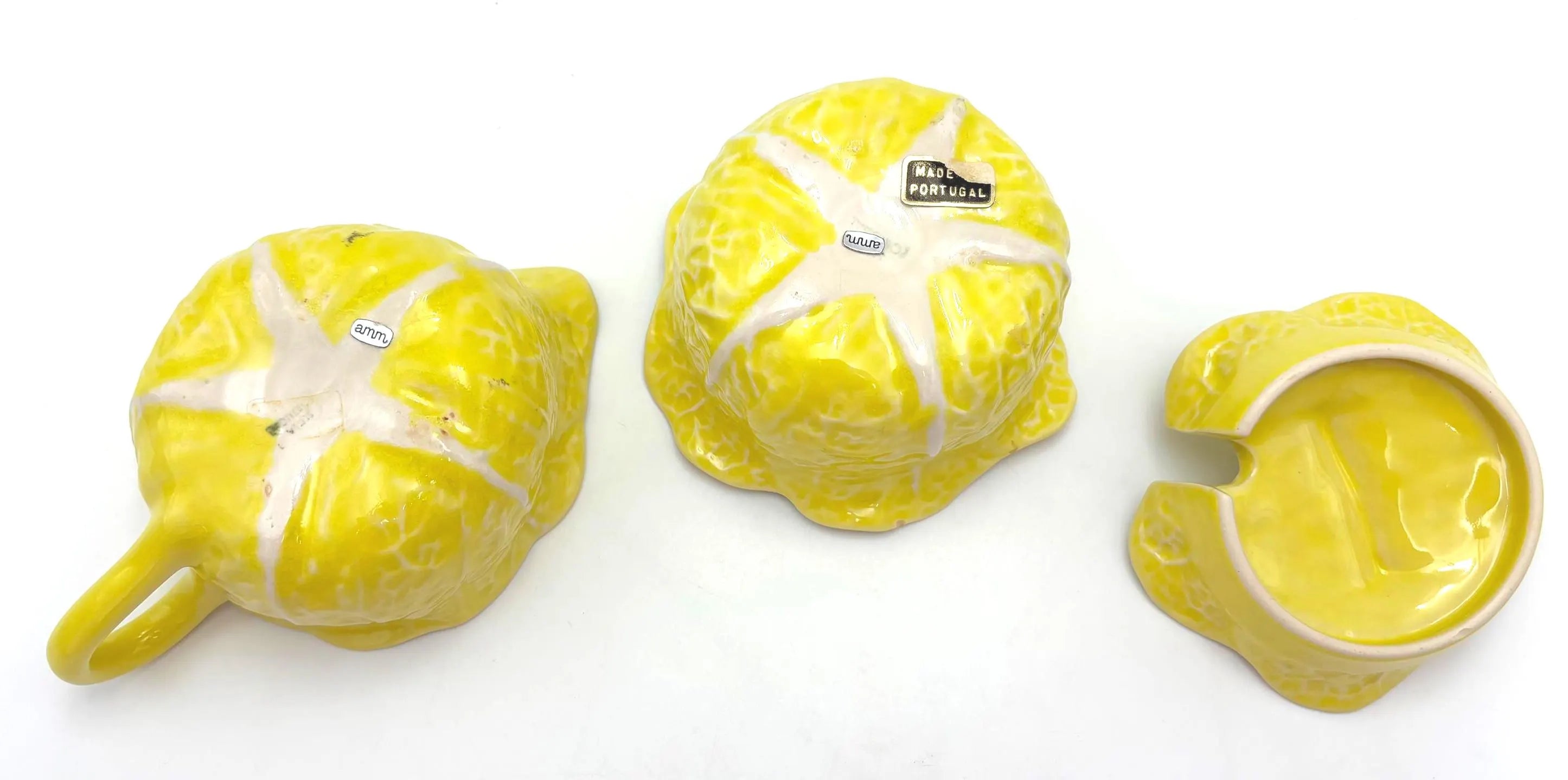 VINTAGE SECLA YELLOW CABBAGE LEAF CREAMER AND SUGAR BOWL SET | PORTUGUESE MAJOLICA TEA SET WITH LID