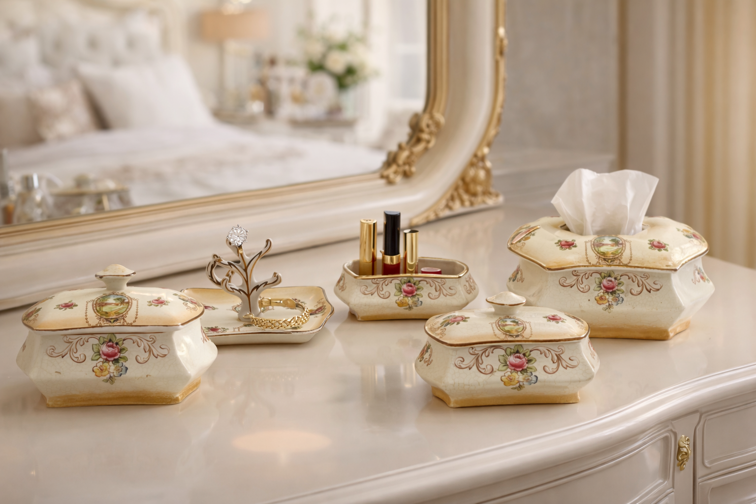 ANTIQUE CRANFORD WARE VANITY SET — FORD & SONS ENGLISH EARTHENWARE, C.1910s