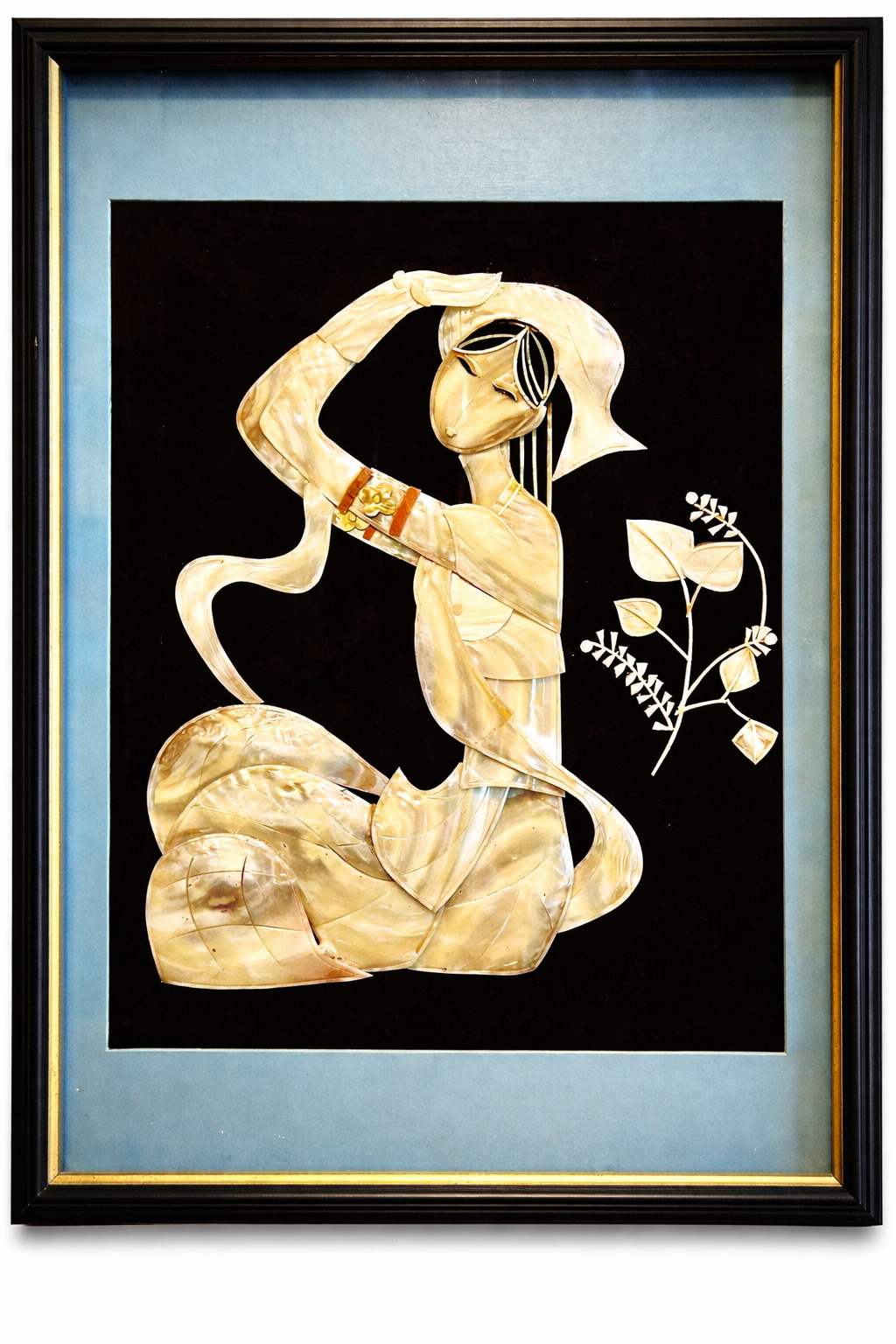 VINTAGE MOTHER OF PEARL WOMAN WITH RIBBON – FRAMED SHELL INLAY ART PANEL – 22X16 INCHES