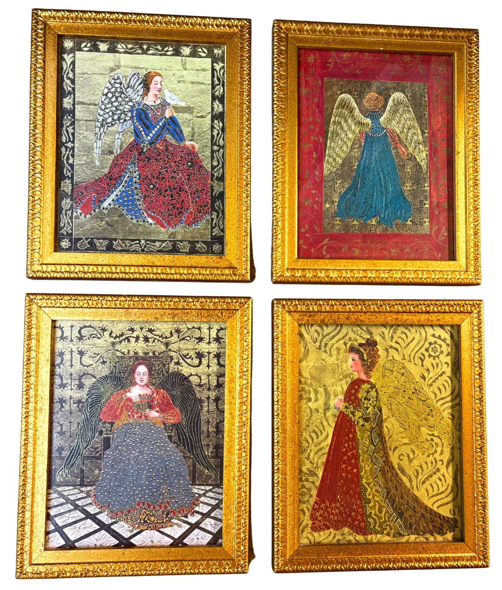 VINTAGE 1995 GUARDIAN ANGEL WALL ART SET OF 4 – GOLD FRAMED EMBELLISHED PRINTS