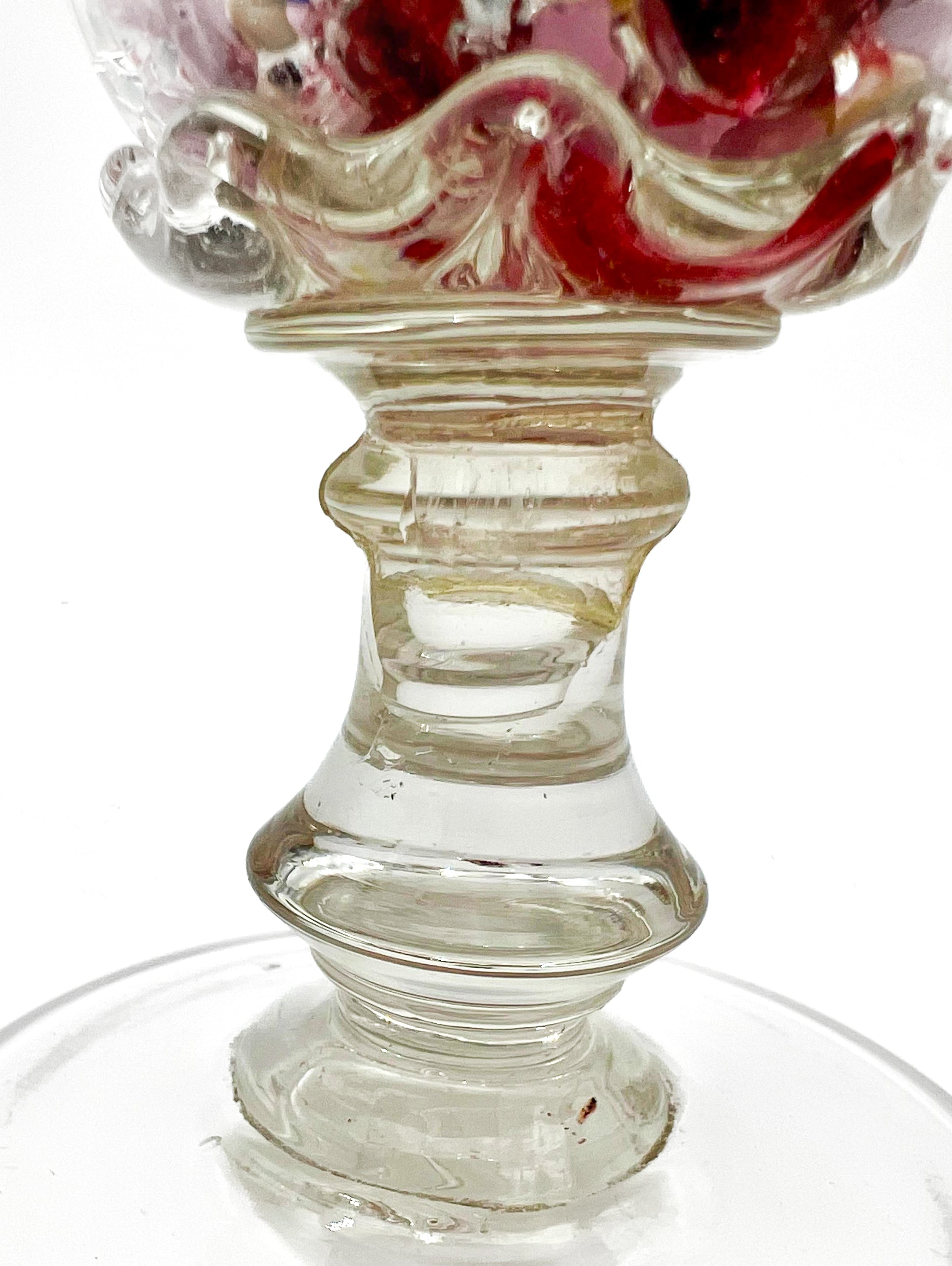 Rare 19th-century French antique blown glass stand featuring an internal white sulphide cameo medallion.