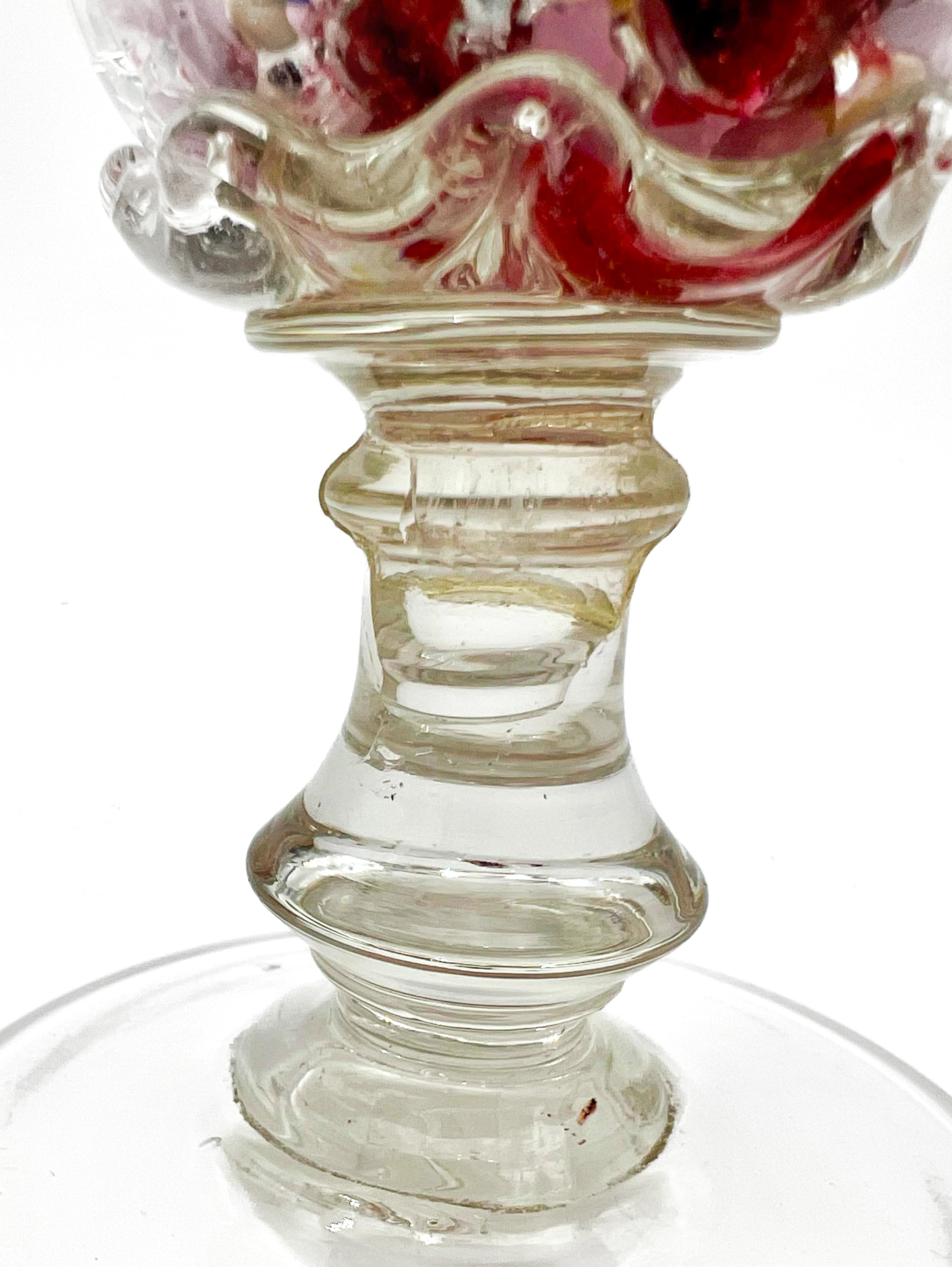 Rare 19th-century French antique blown glass stand featuring an internal white sulphide cameo medallion.
