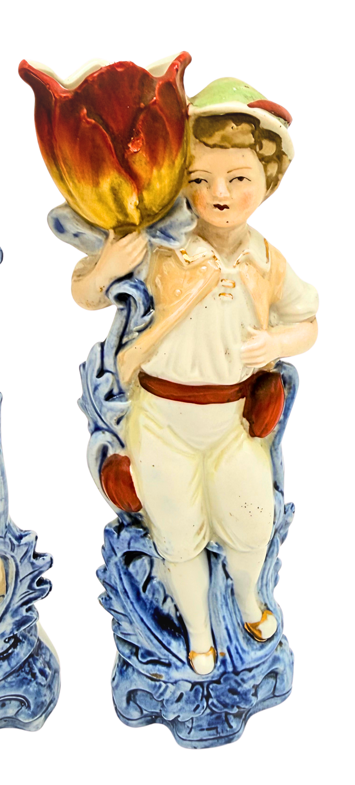 Antique German Porcelain Figural Tulip Vases Pair Boy & Girl 8078