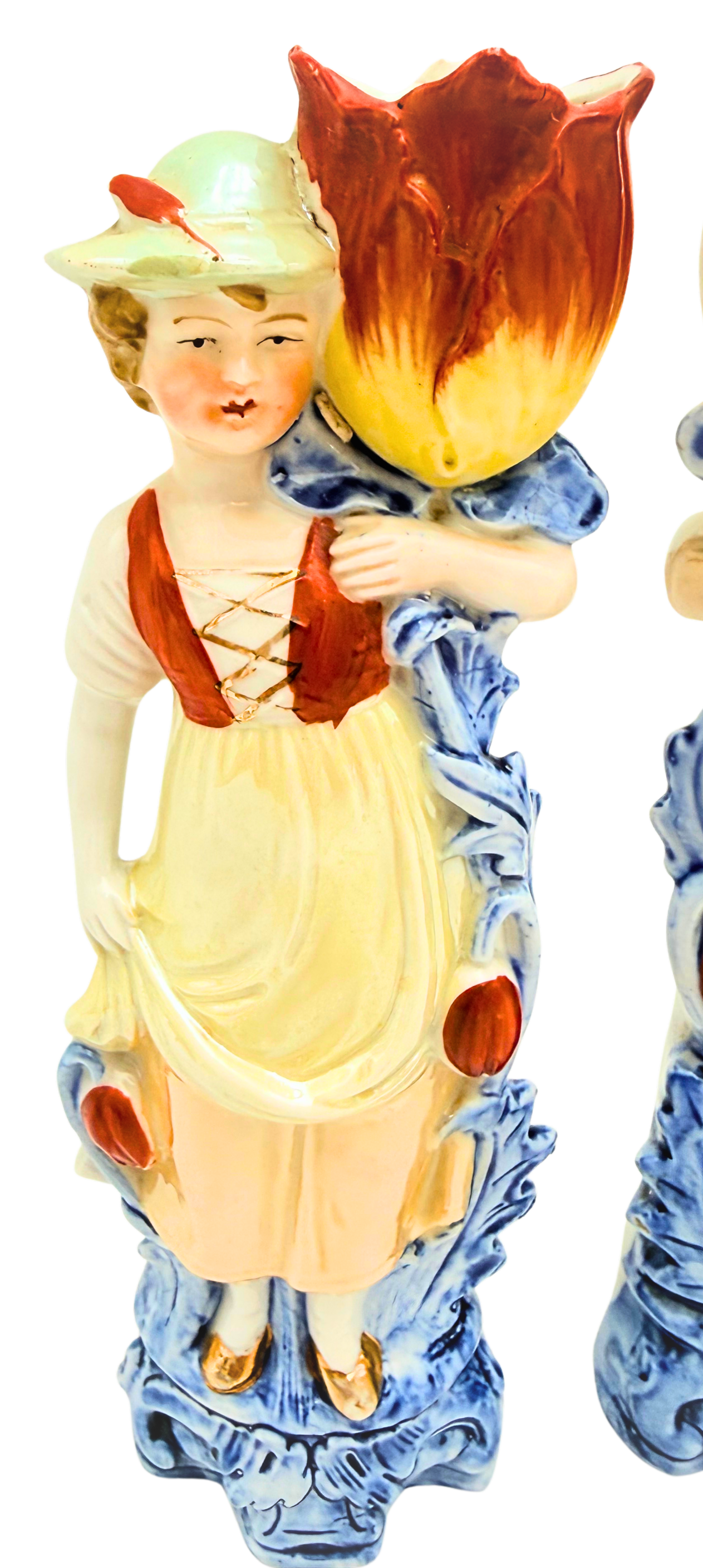 Antique German Porcelain Figural Tulip Vases Pair Boy & Girl 8078